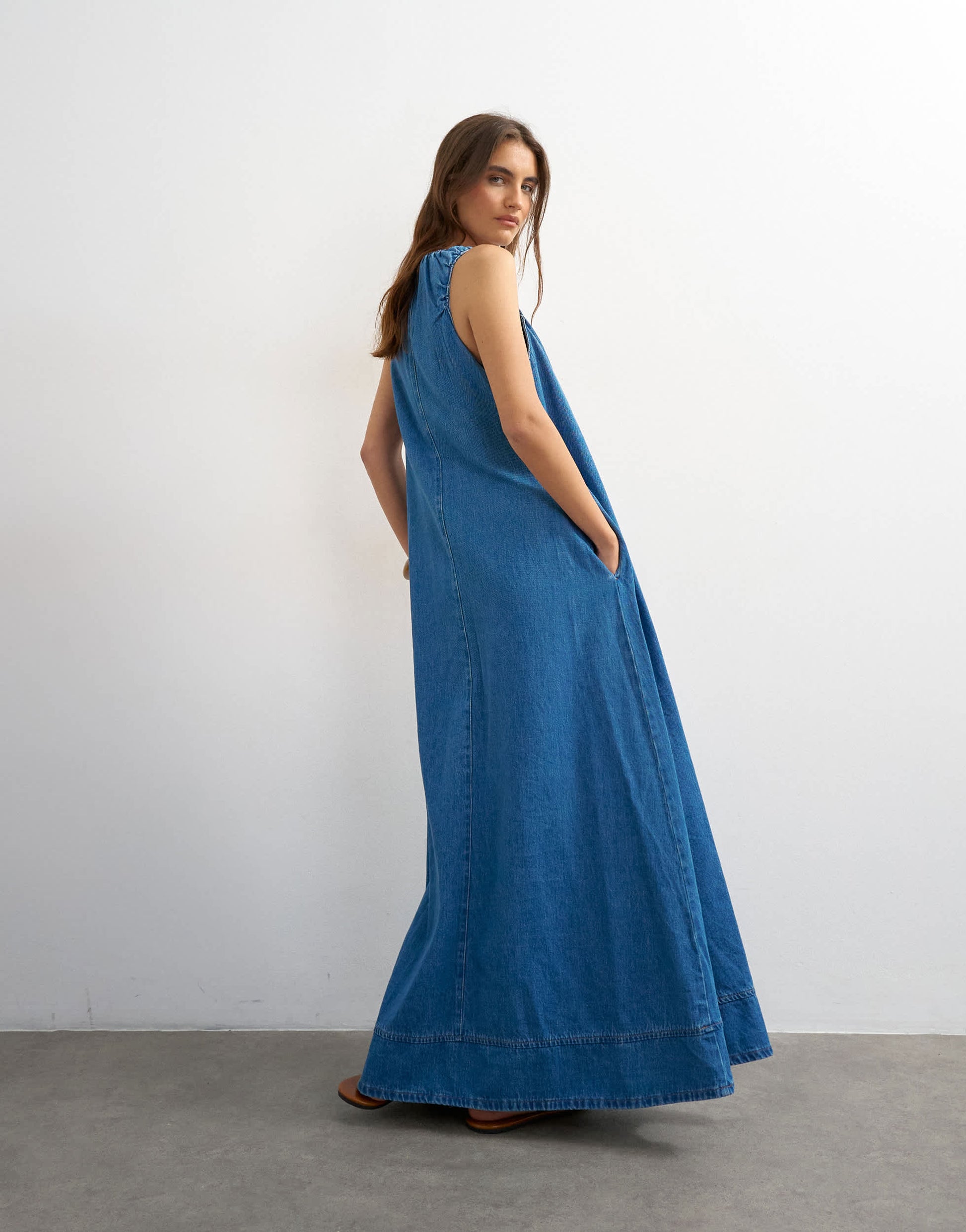 Topshop denim ruched maxi dress in mid blue
