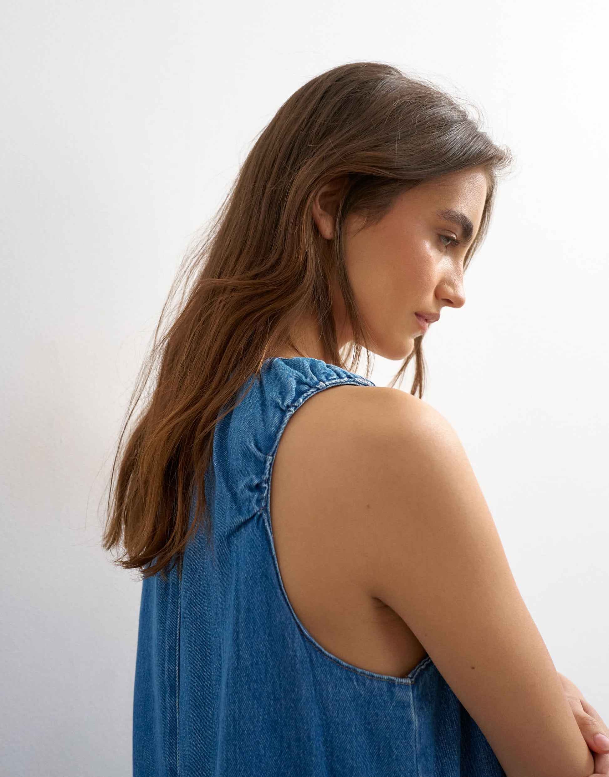 Topshop denim ruched maxi dress in mid blue