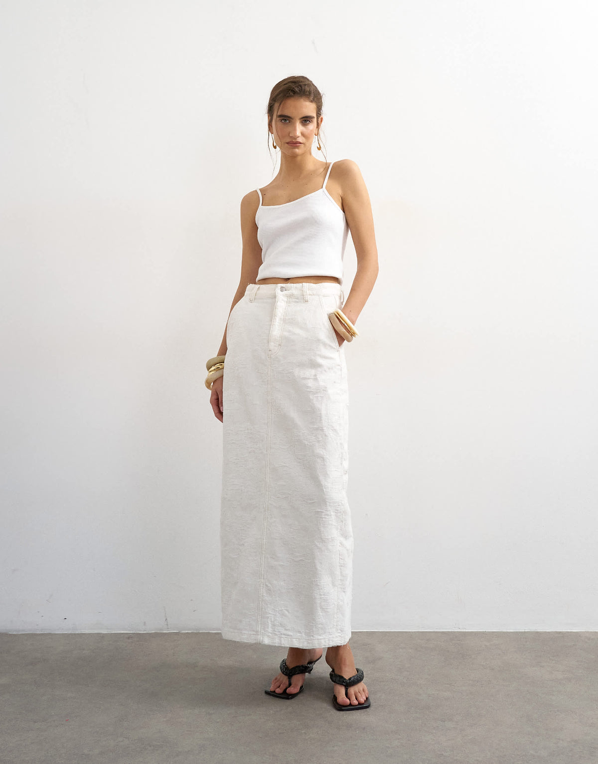 Topshop denim column maxi skirt in distressed ecru