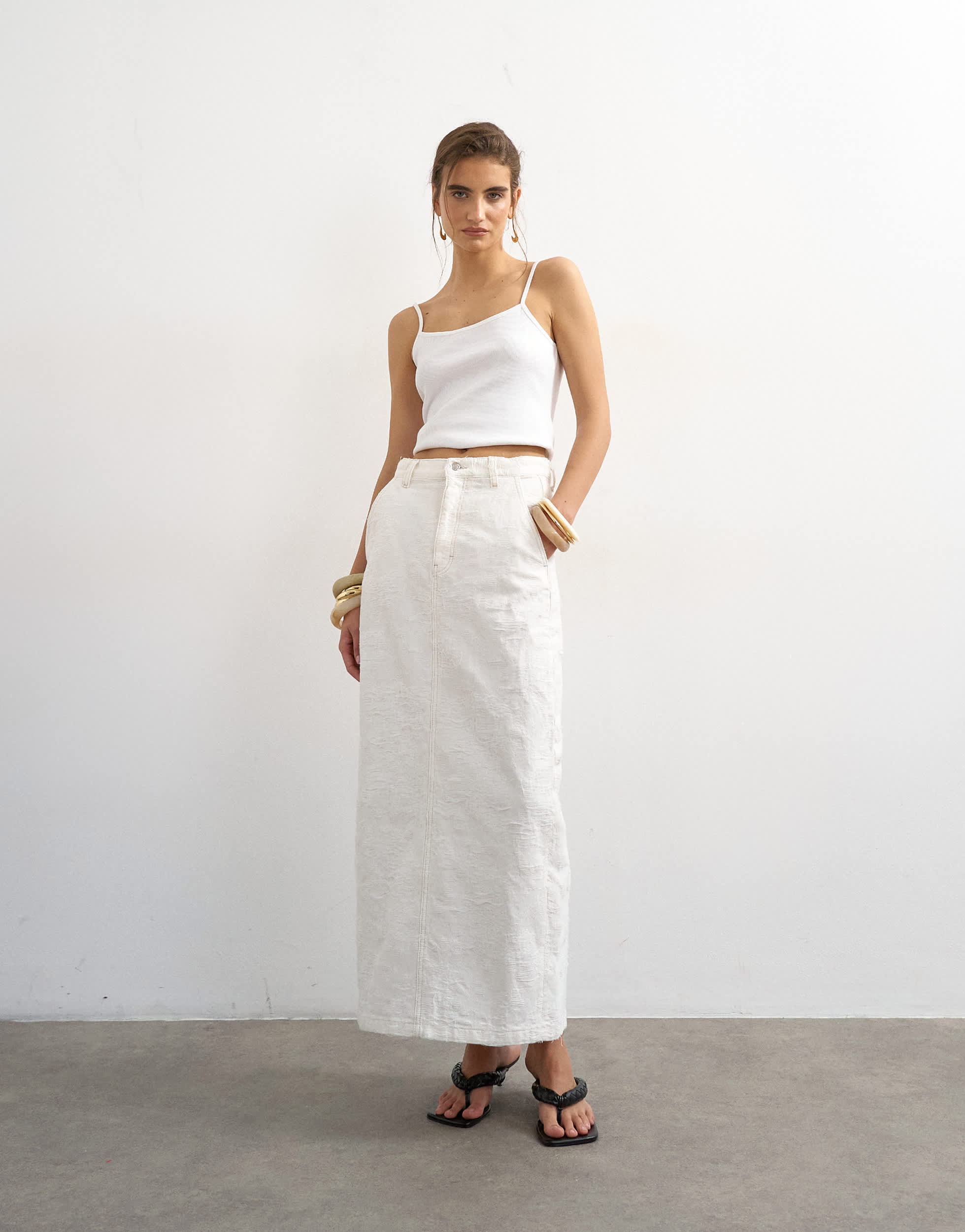 Topshop denim column maxi skirt in distressed ecru