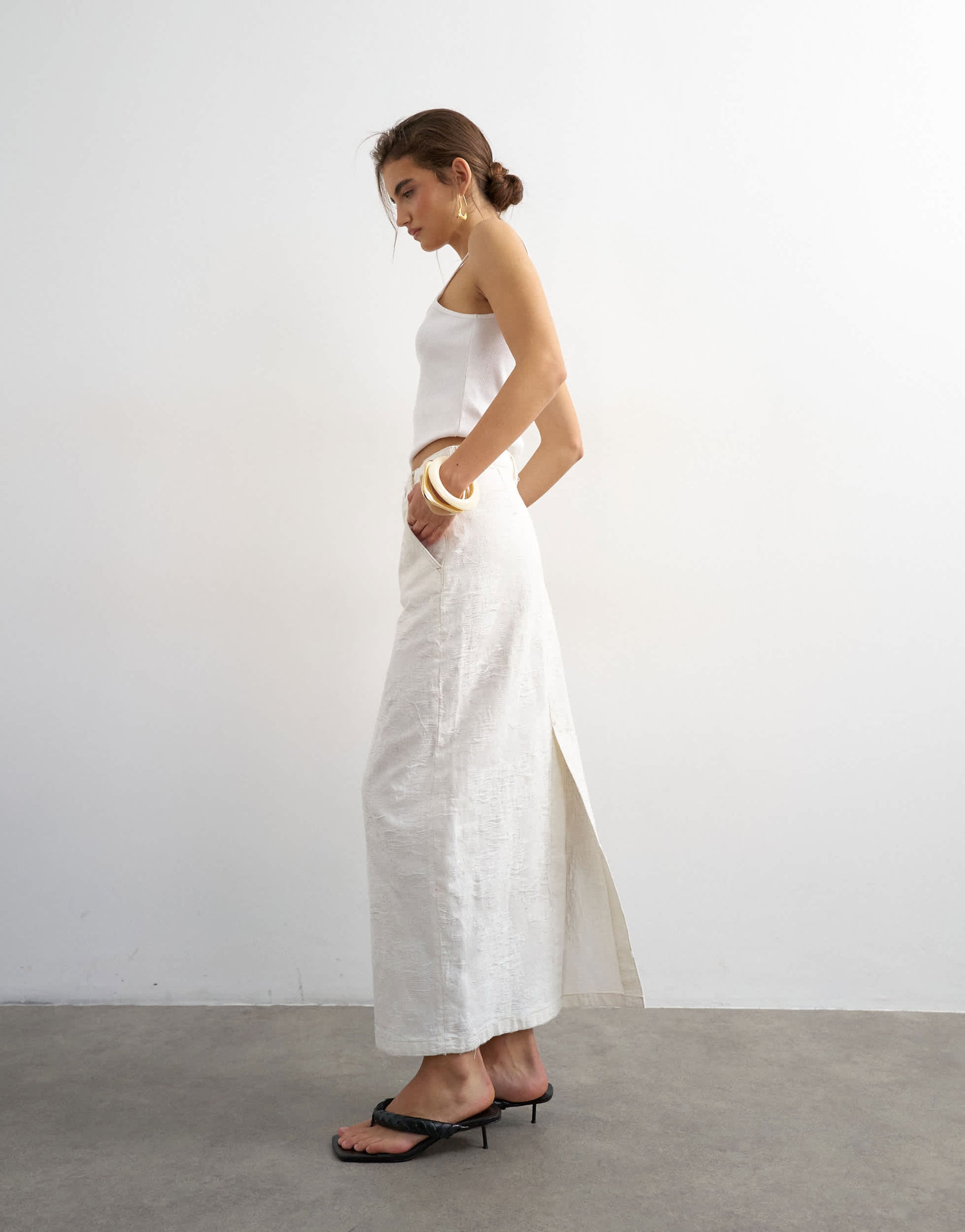 Topshop denim column maxi skirt in distressed ecru