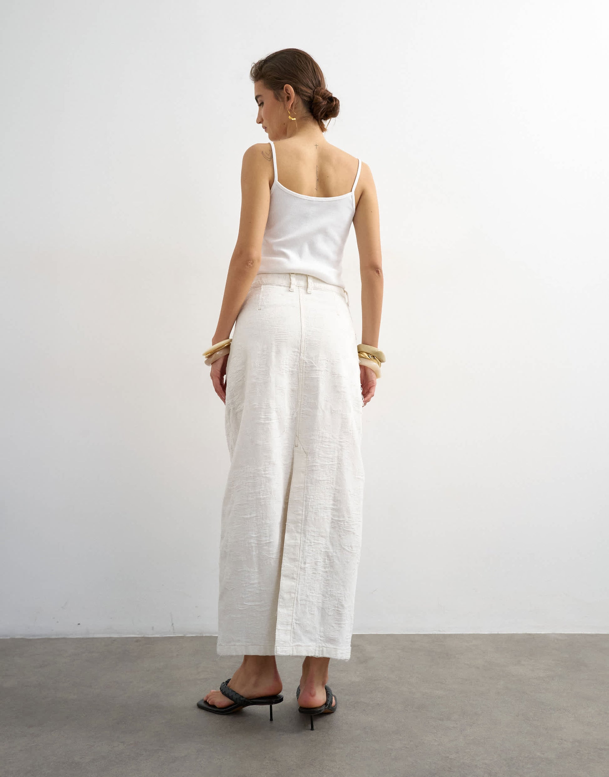 Topshop denim column maxi skirt in distressed ecru