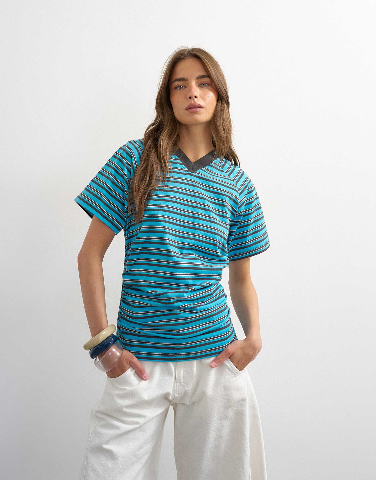 Topshop micro v-neck ruched side tee in stripe