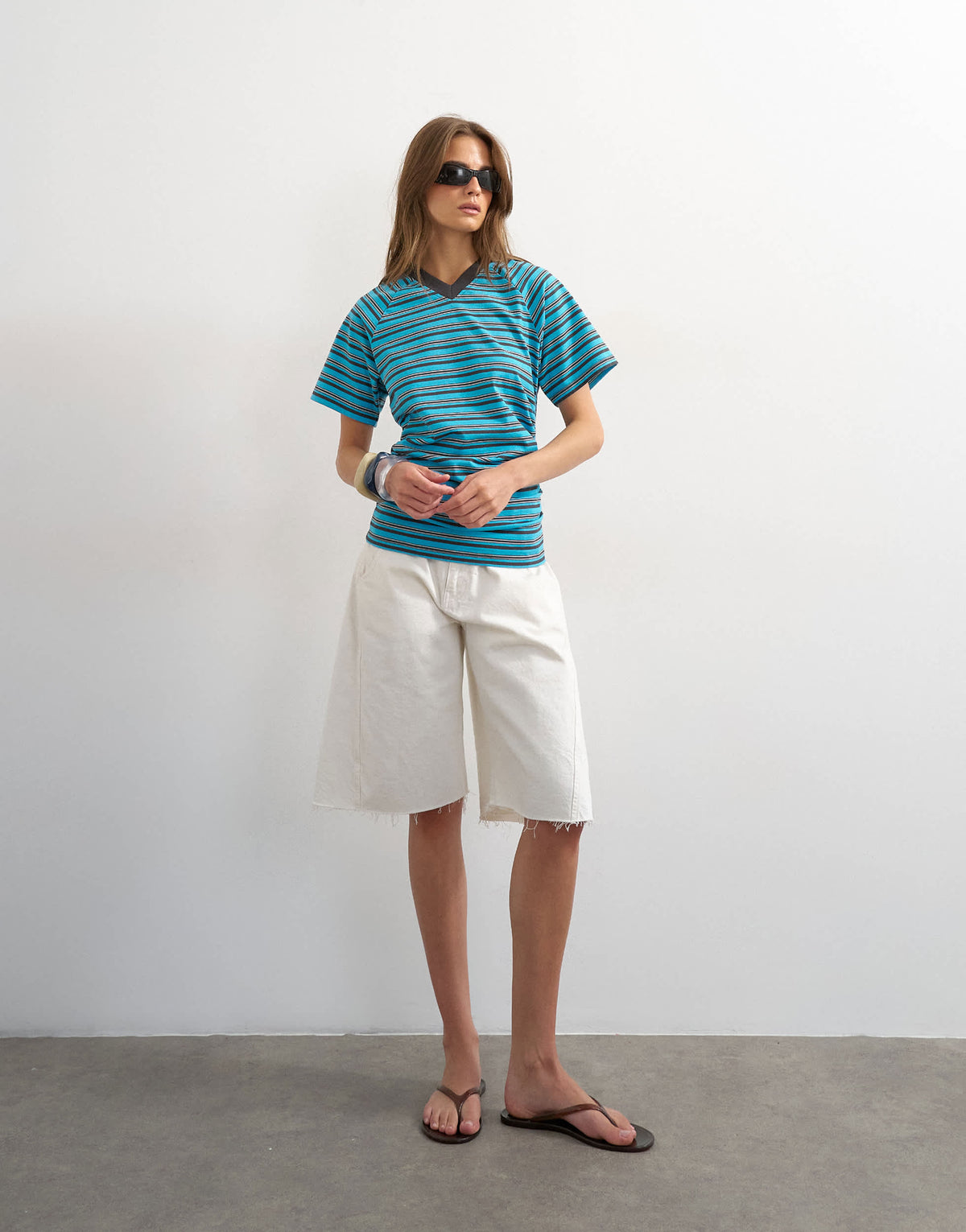 Topshop micro v-neck ruched side tee in stripe