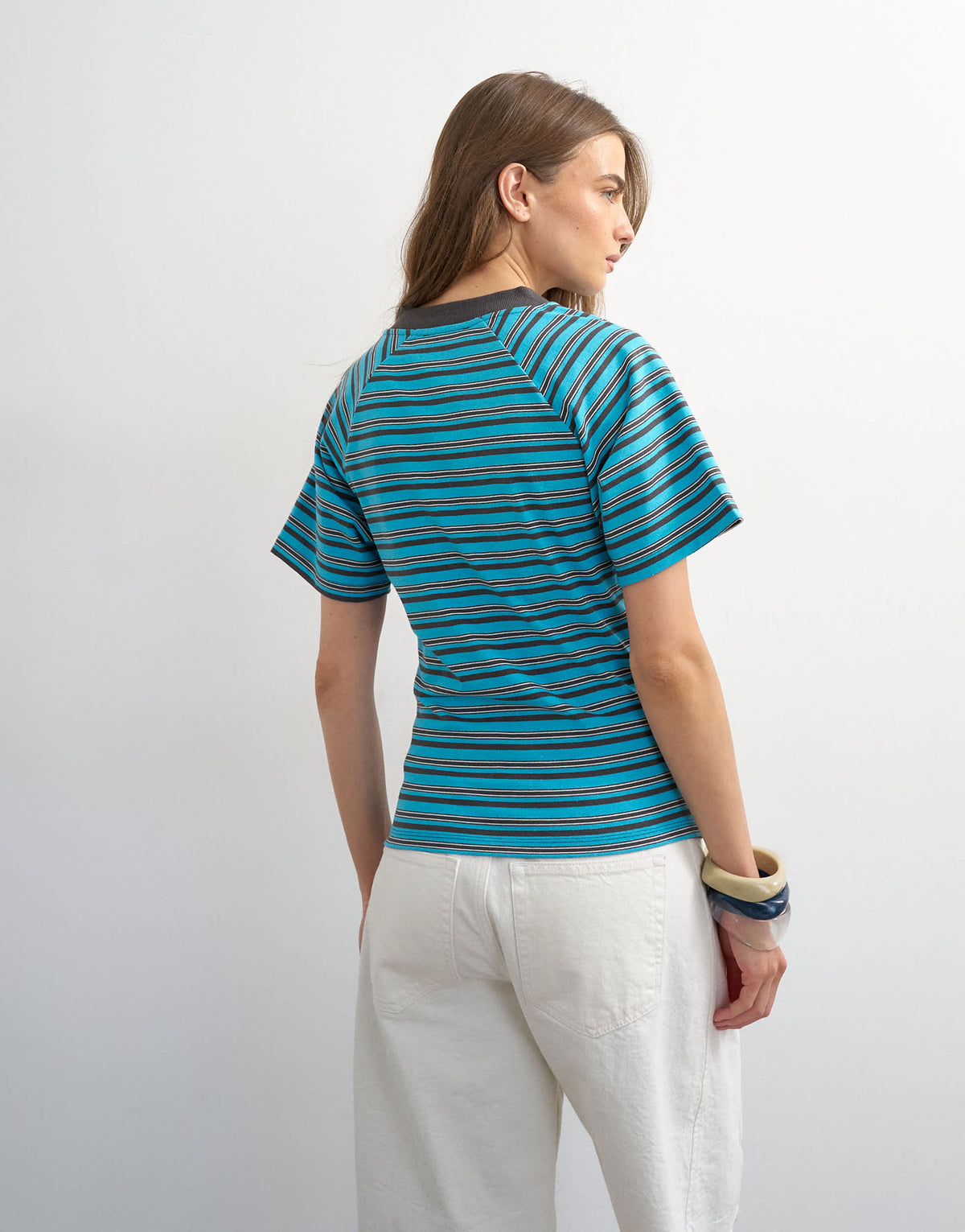 Topshop micro v-neck ruched side tee in stripe