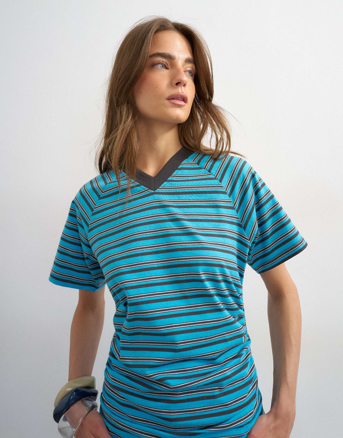 Topshop micro v-neck ruched side tee in stripe