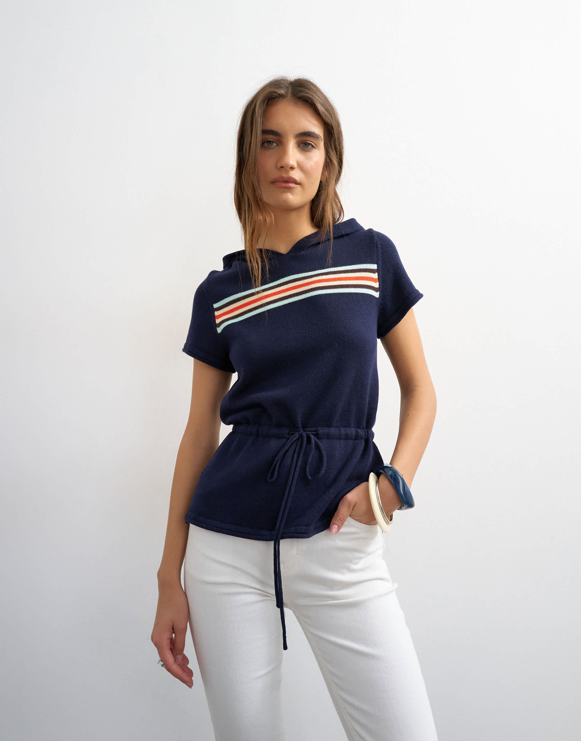 Topshop knitted short sleeve sporty hooded stripe cinch waist top in navy