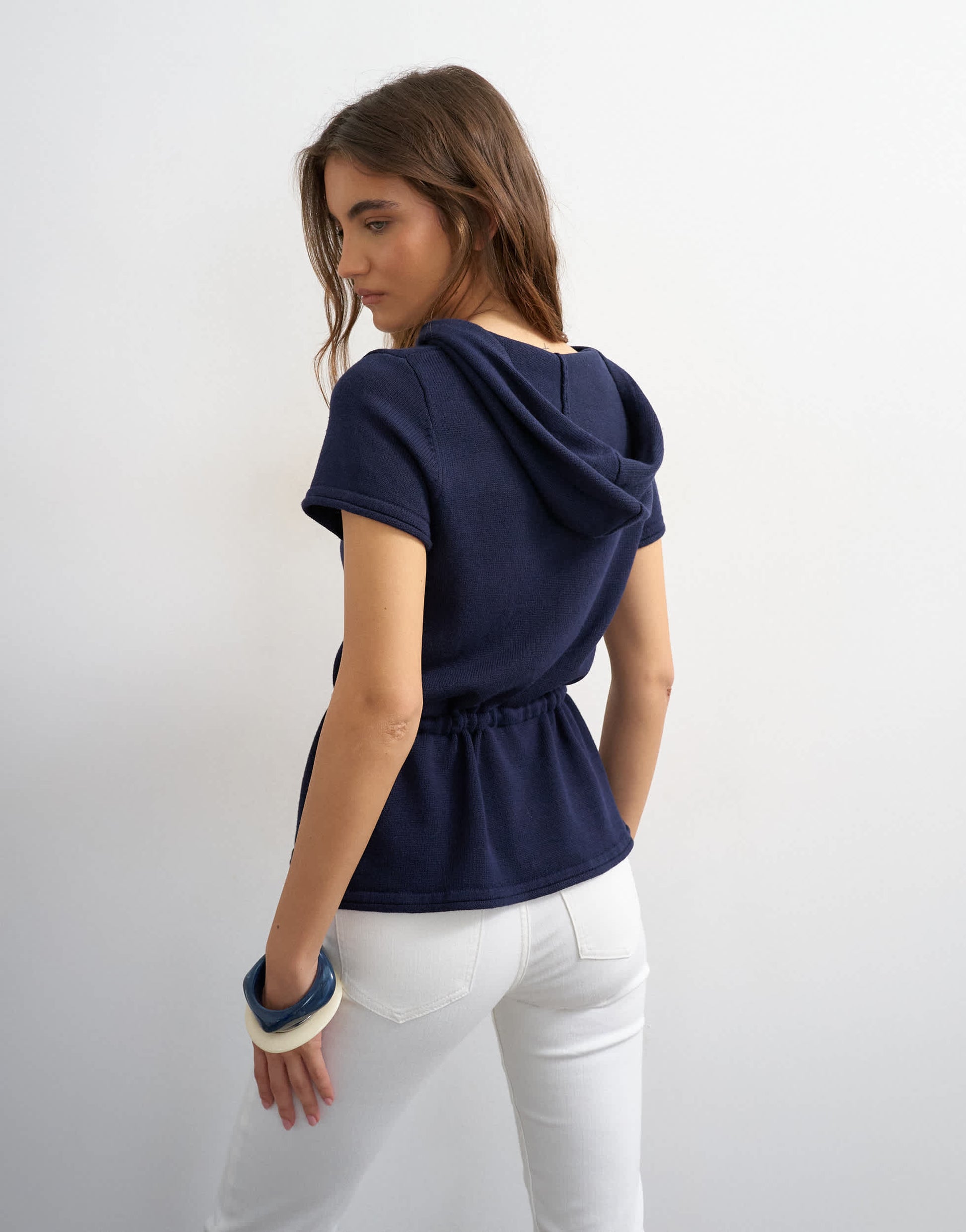 Topshop knitted short sleeve sporty hooded stripe cinch waist top in navy