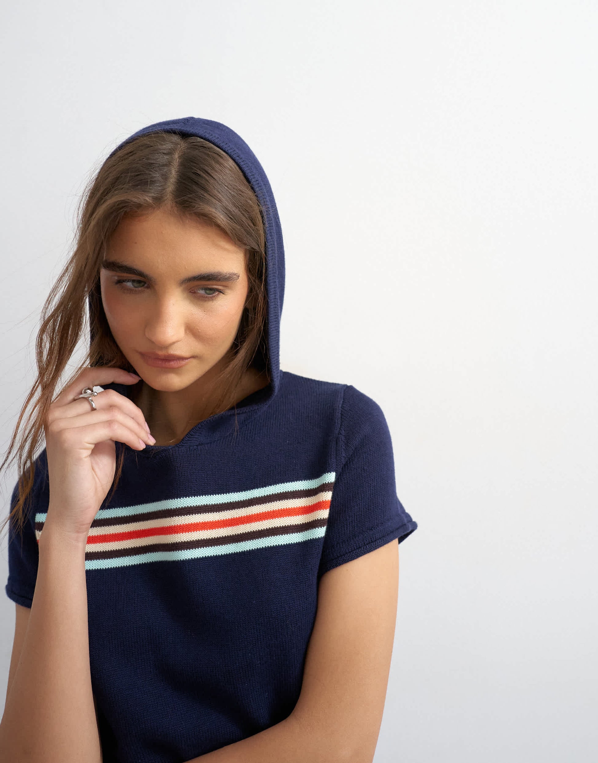 Topshop knitted short sleeve sporty hooded stripe cinch waist top in navy