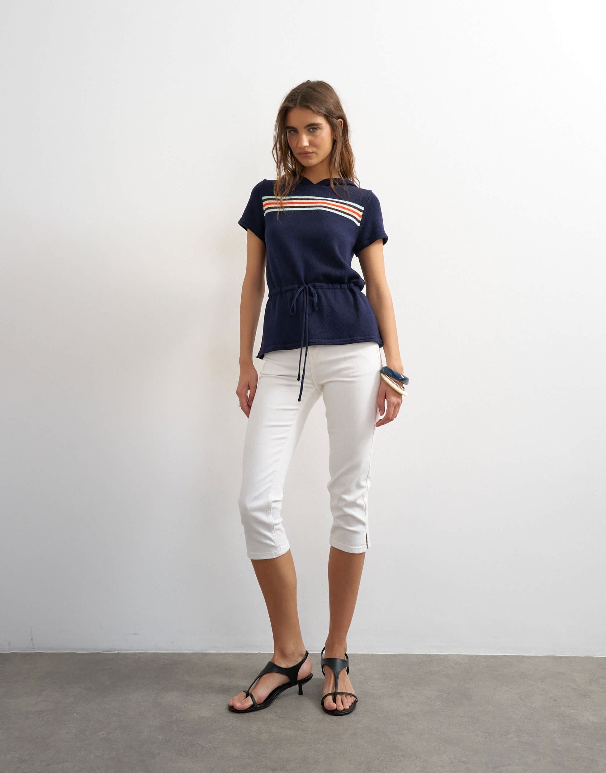 Topshop knitted short sleeve sporty hooded stripe cinch waist top in navy
