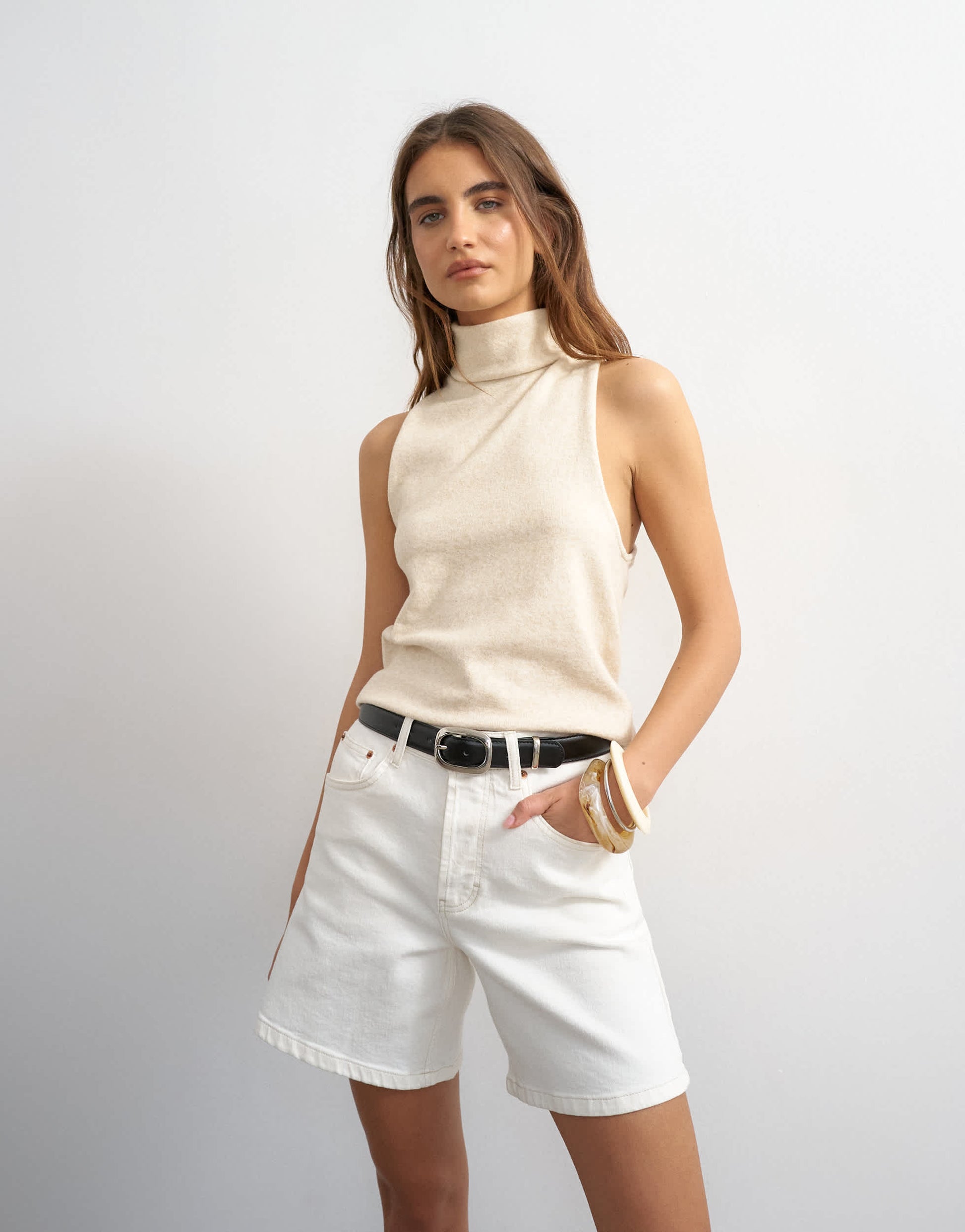 Topshop knitted high funnel neck sleeveless twist back top in latte