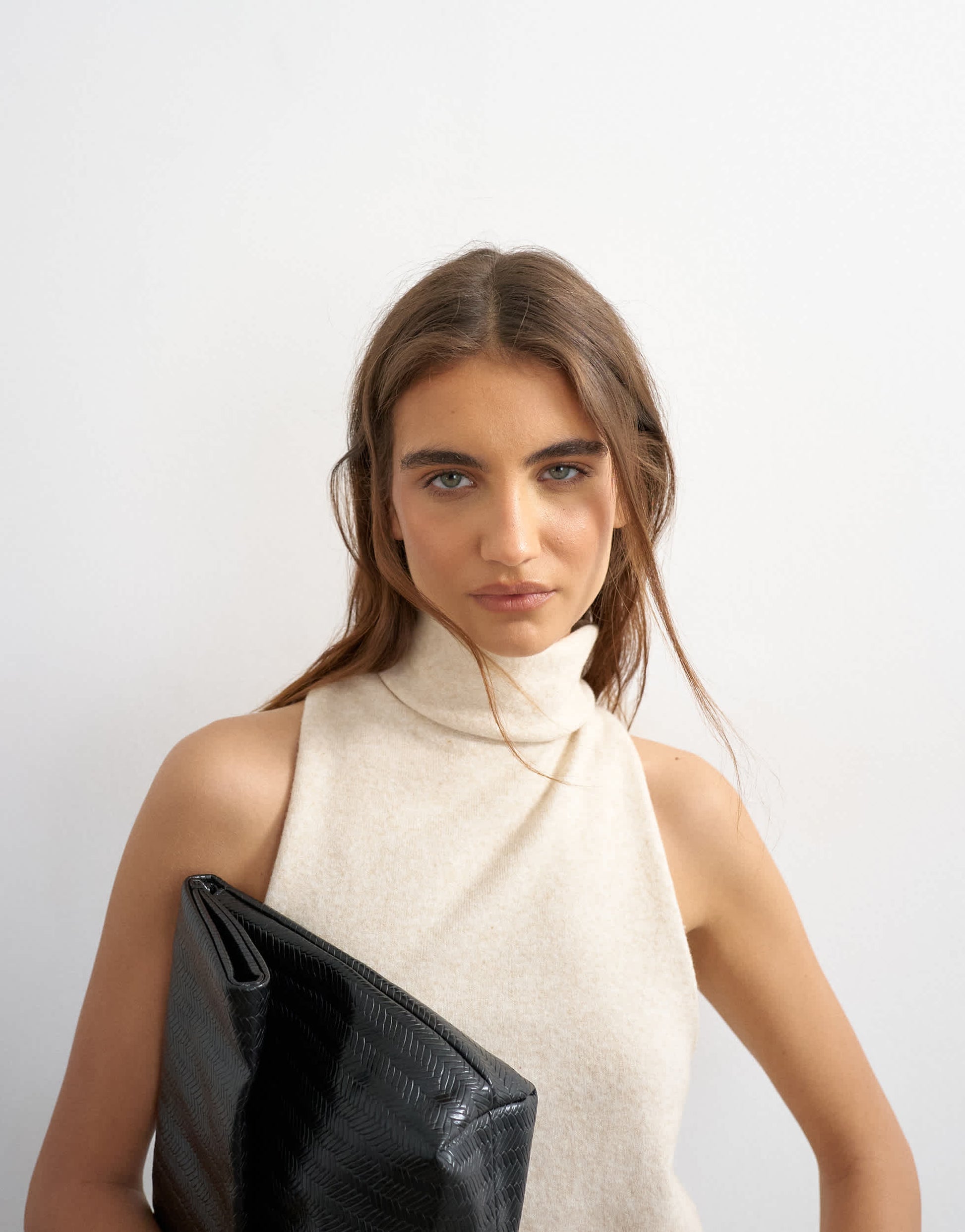 Topshop knitted high funnel neck sleeveless twist back top in latte