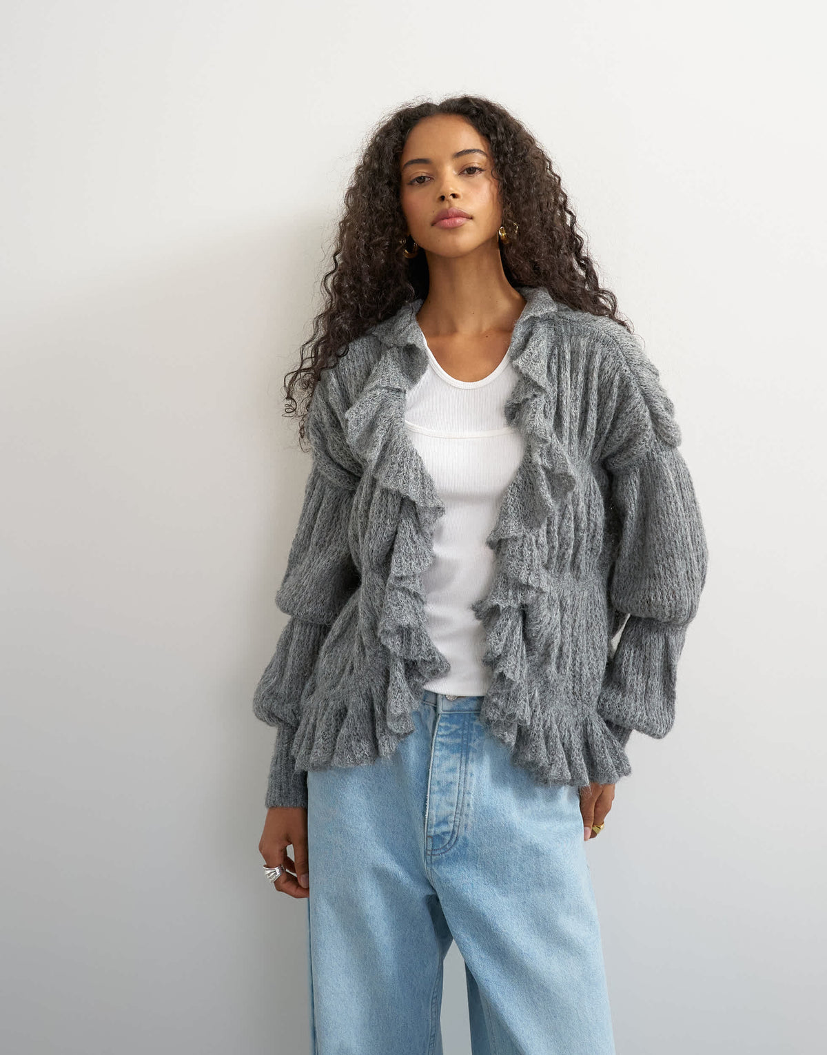 Topshop knitted frill trim hem cardigan with wool in grey