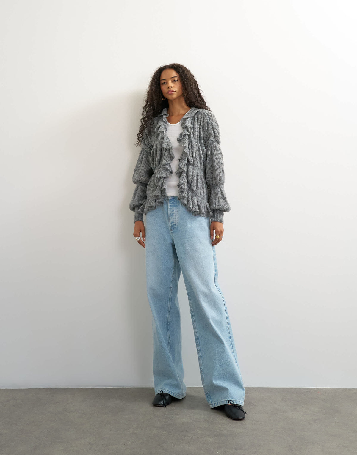 Topshop knitted frill trim hem cardigan with wool in grey