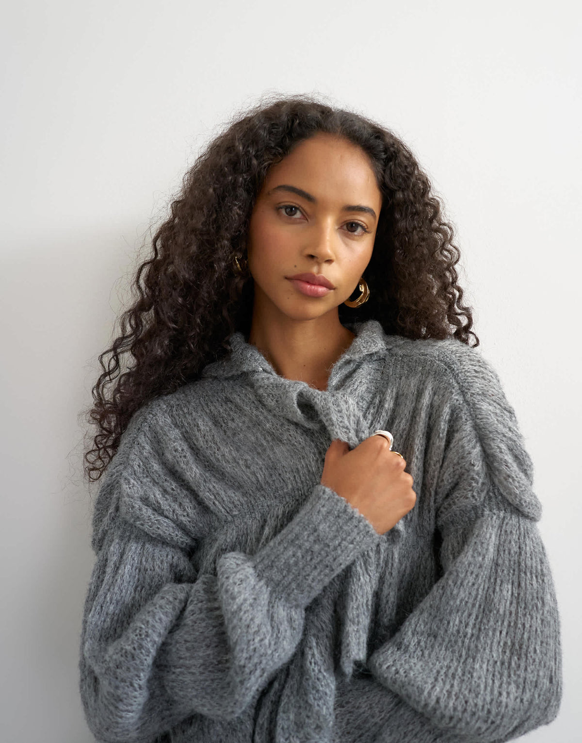 Topshop knitted frill trim hem cardigan with wool in grey