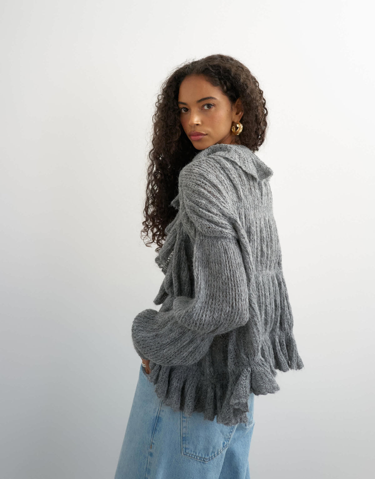 Topshop knitted frill trim hem cardigan with wool in grey