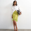 Topshop lace midi skirt with taupe insert in lime
