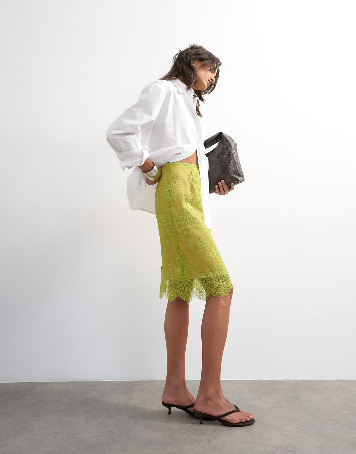 Topshop lace midi skirt with taupe insert in lime