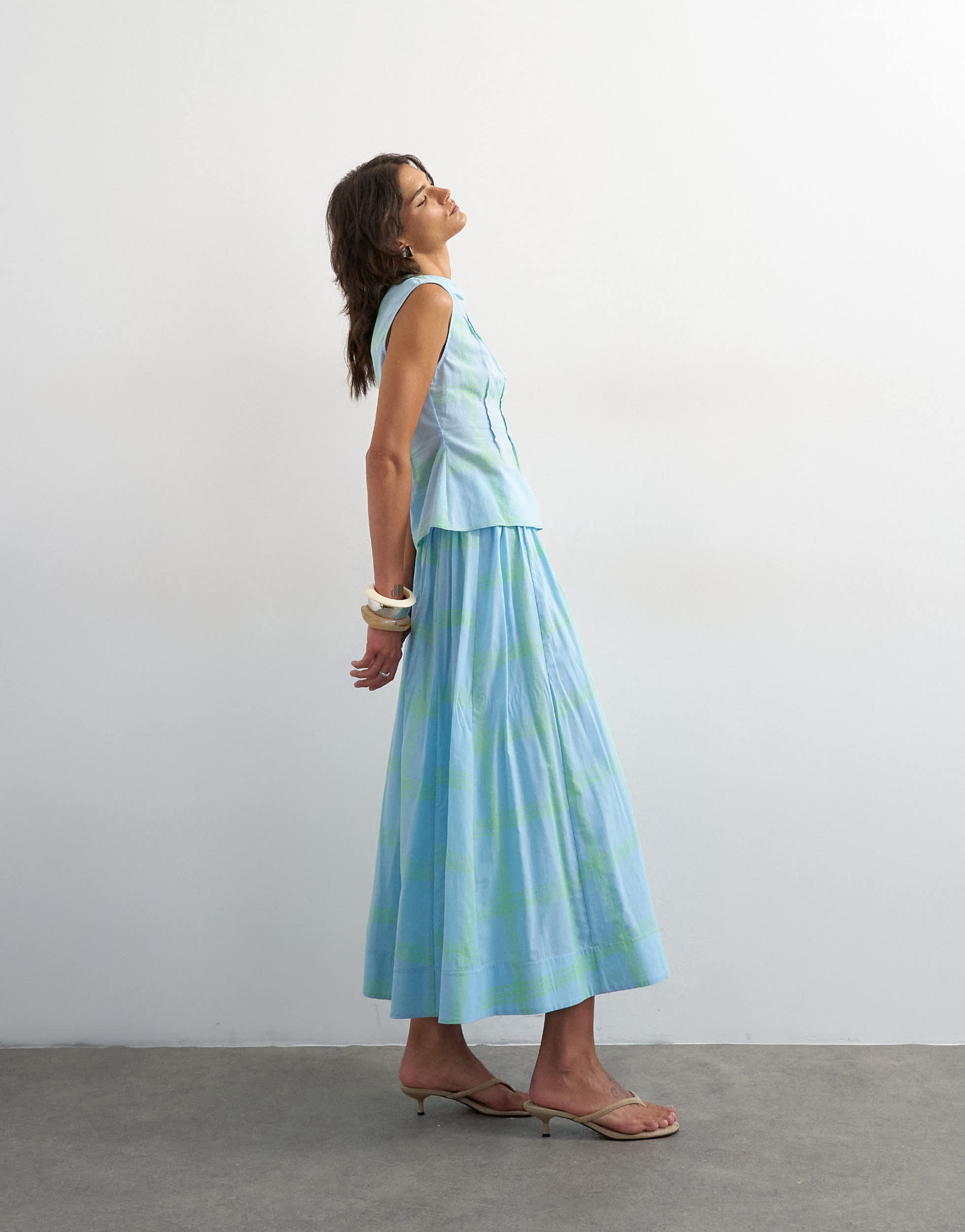 Topshop co-ord dropped waist deep v maxi skirt in blue check