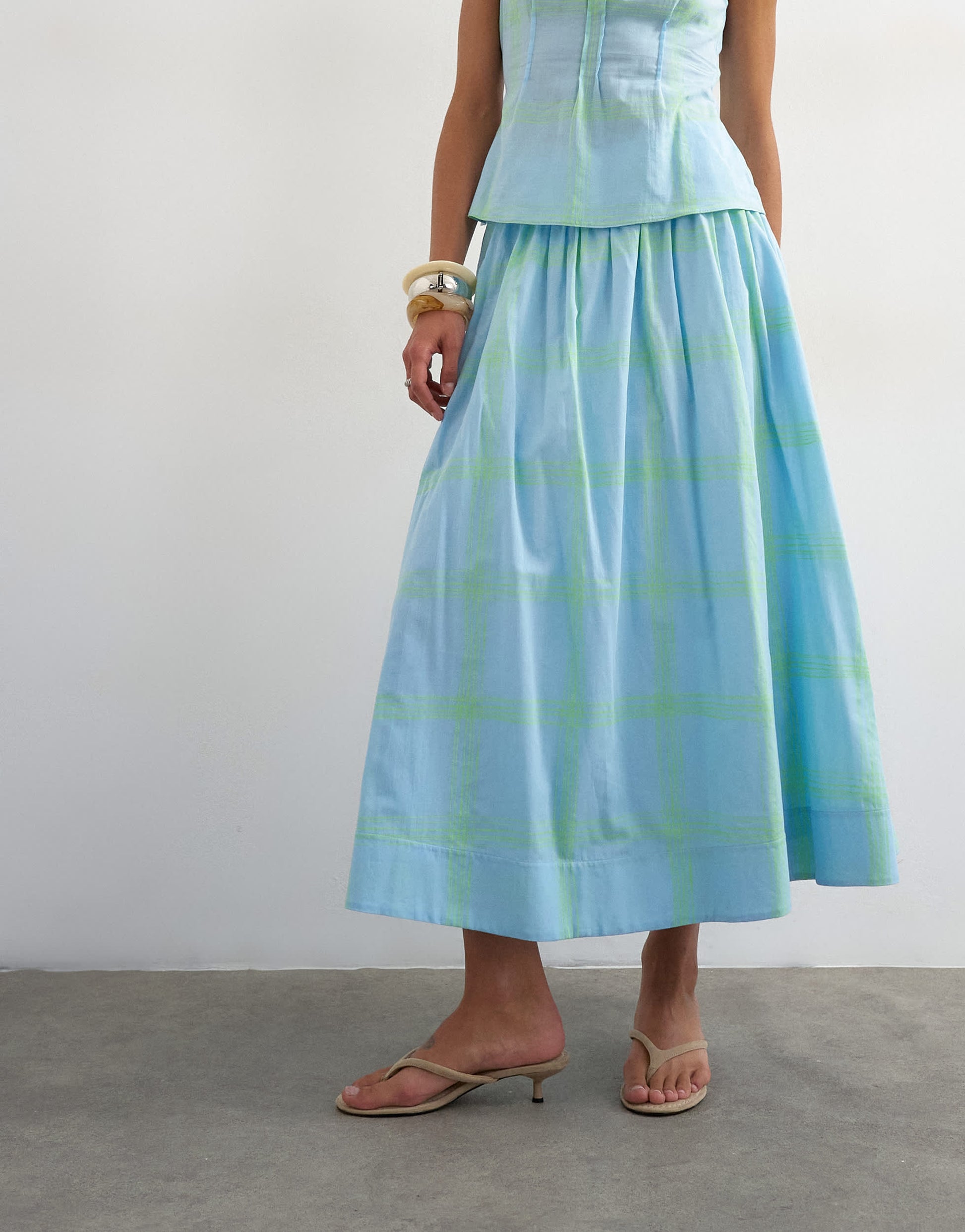 Topshop co-ord dropped waist deep v maxi skirt in blue check