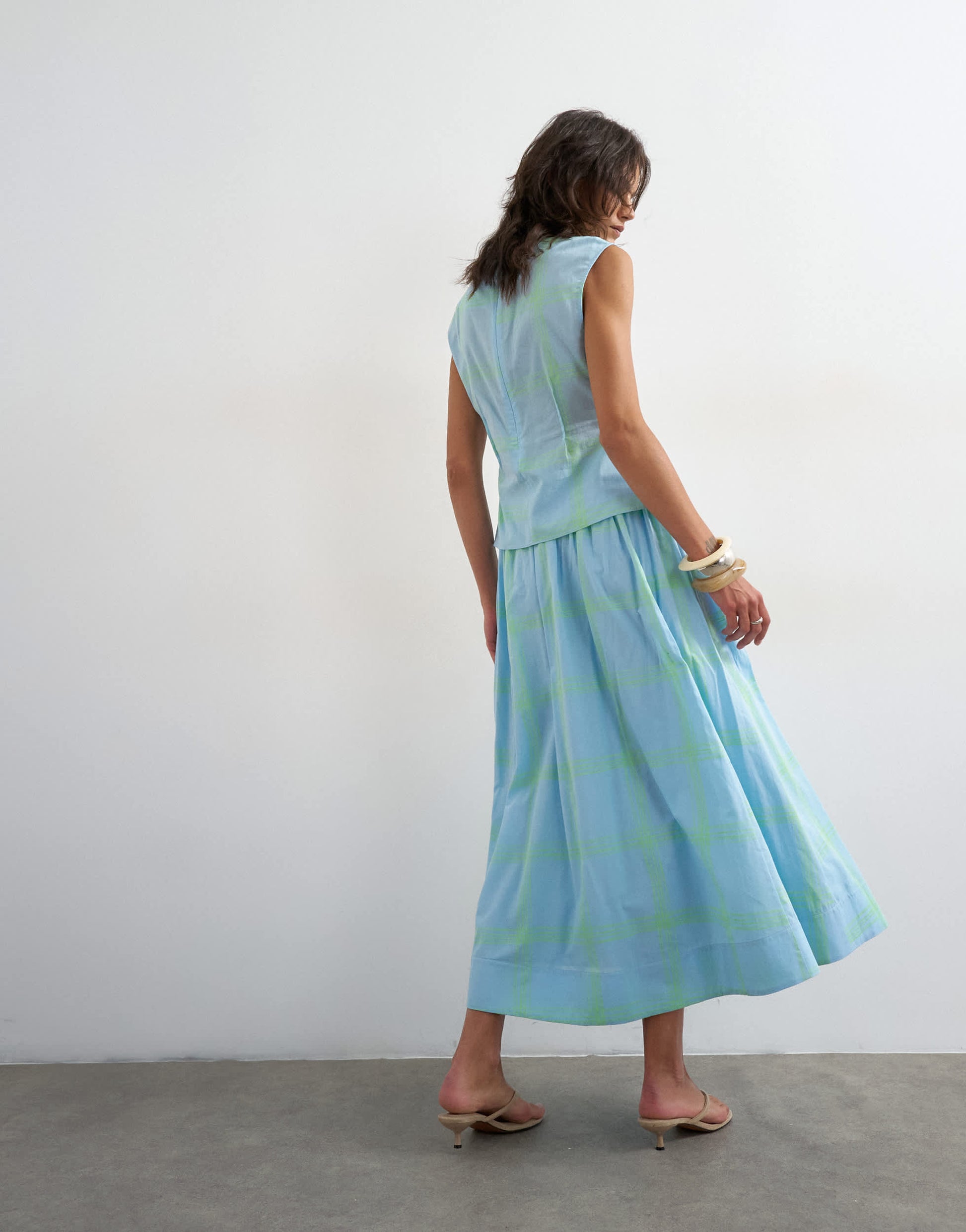 Topshop co-ord dropped waist deep v maxi skirt in blue check