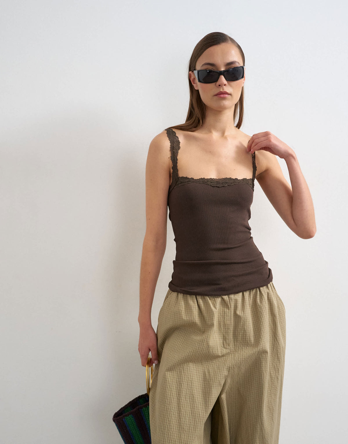 Topshop lace trim cami in dark chocolate