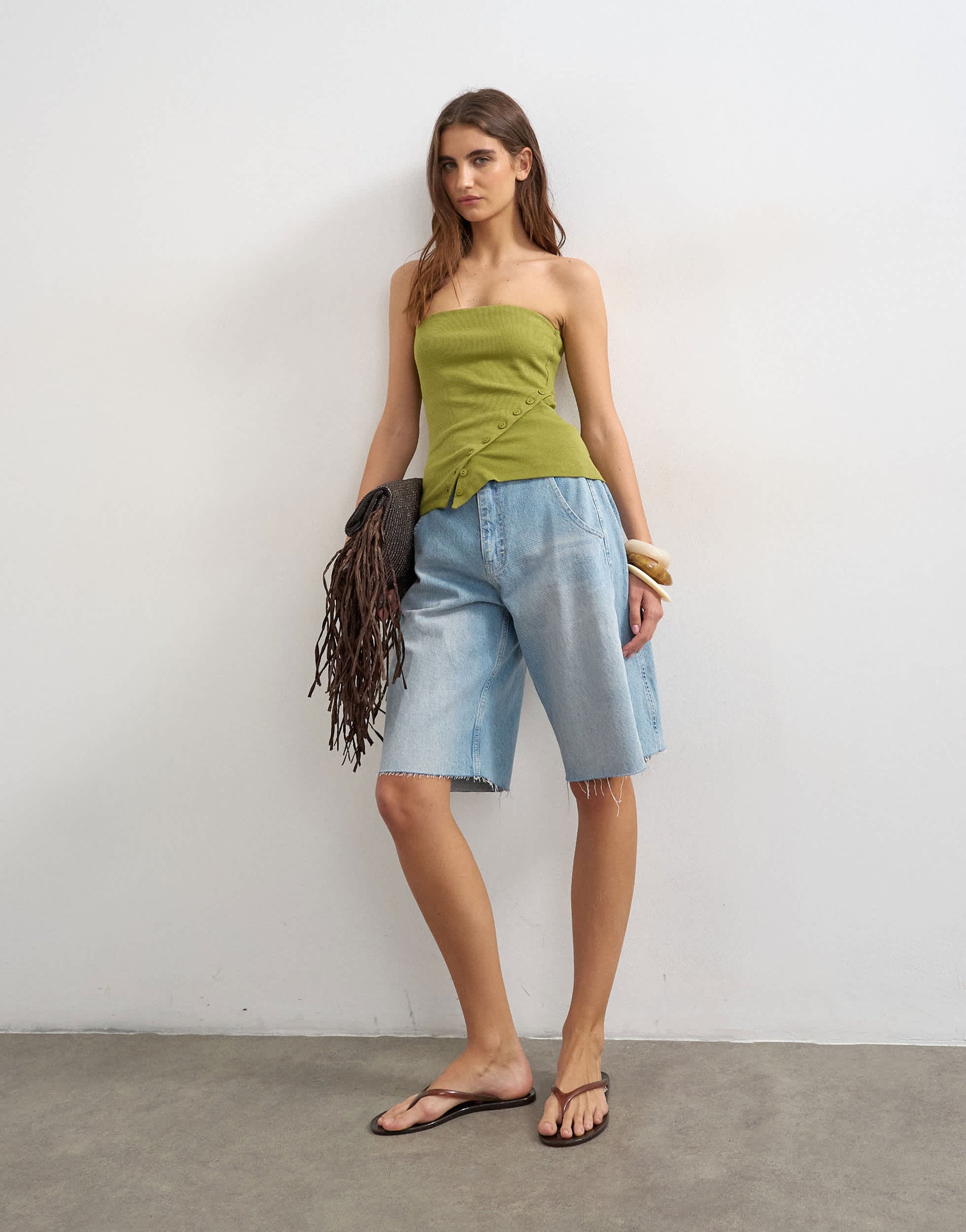 Topshop bandeau button detail top in olive green