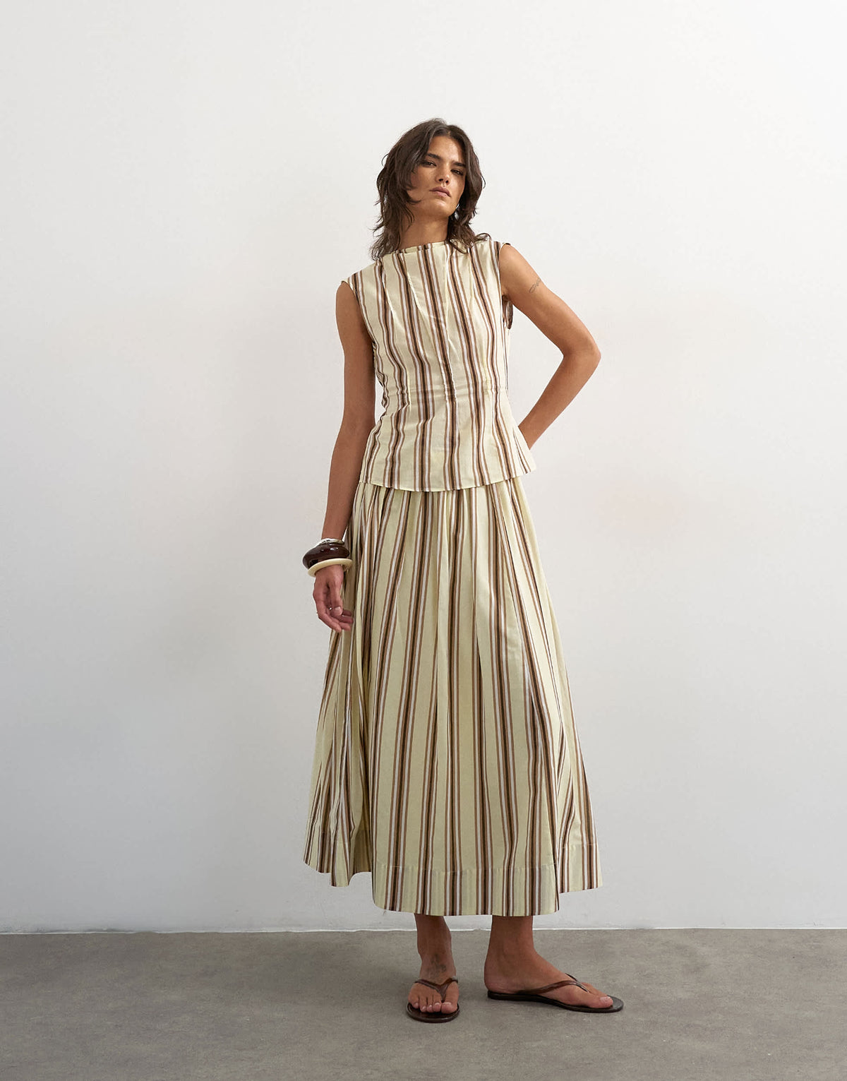 Topshop co-ord grown on neck pin tuck top in buttermilk stripe