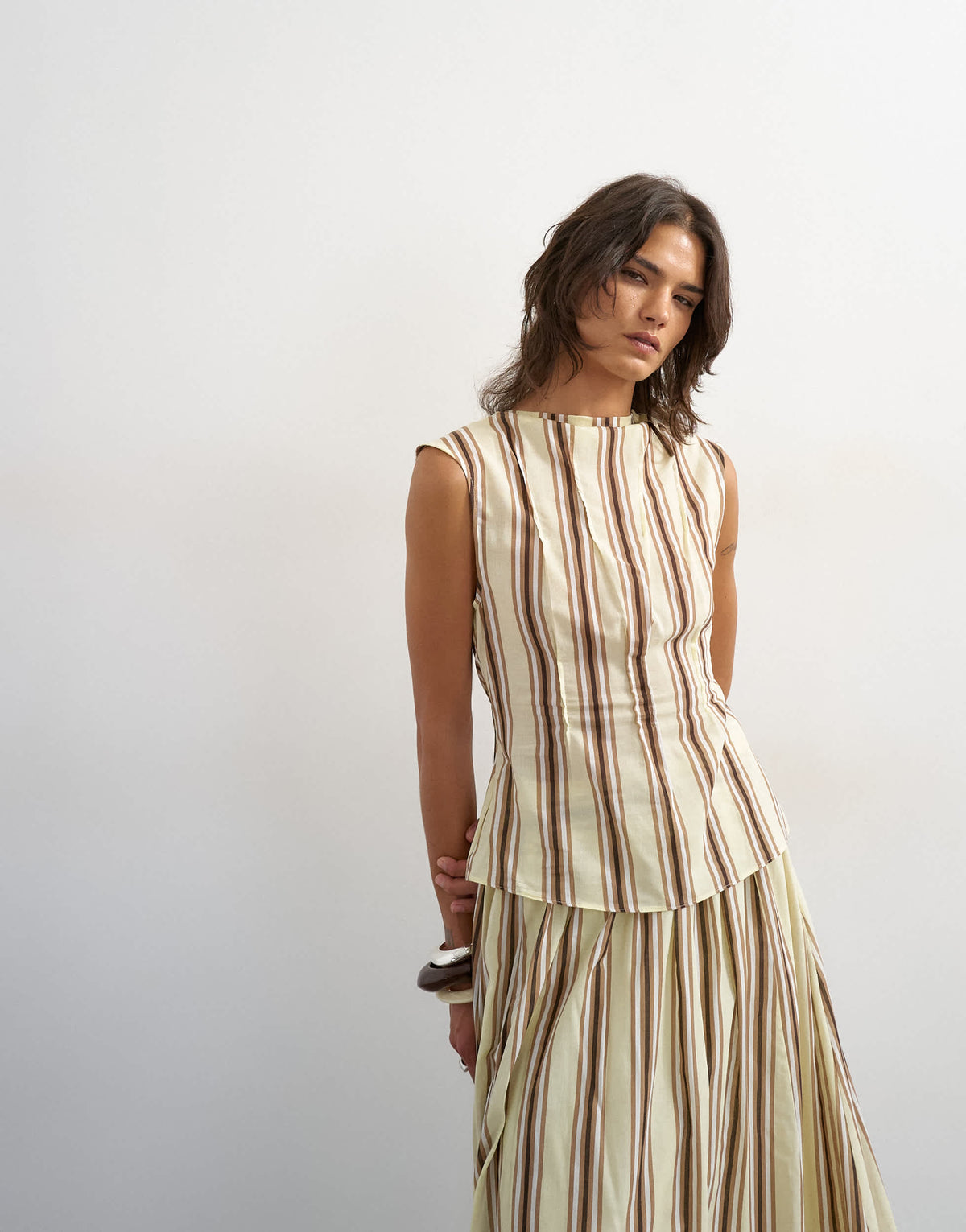 Topshop co-ord grown on neck pin tuck top in buttermilk stripe