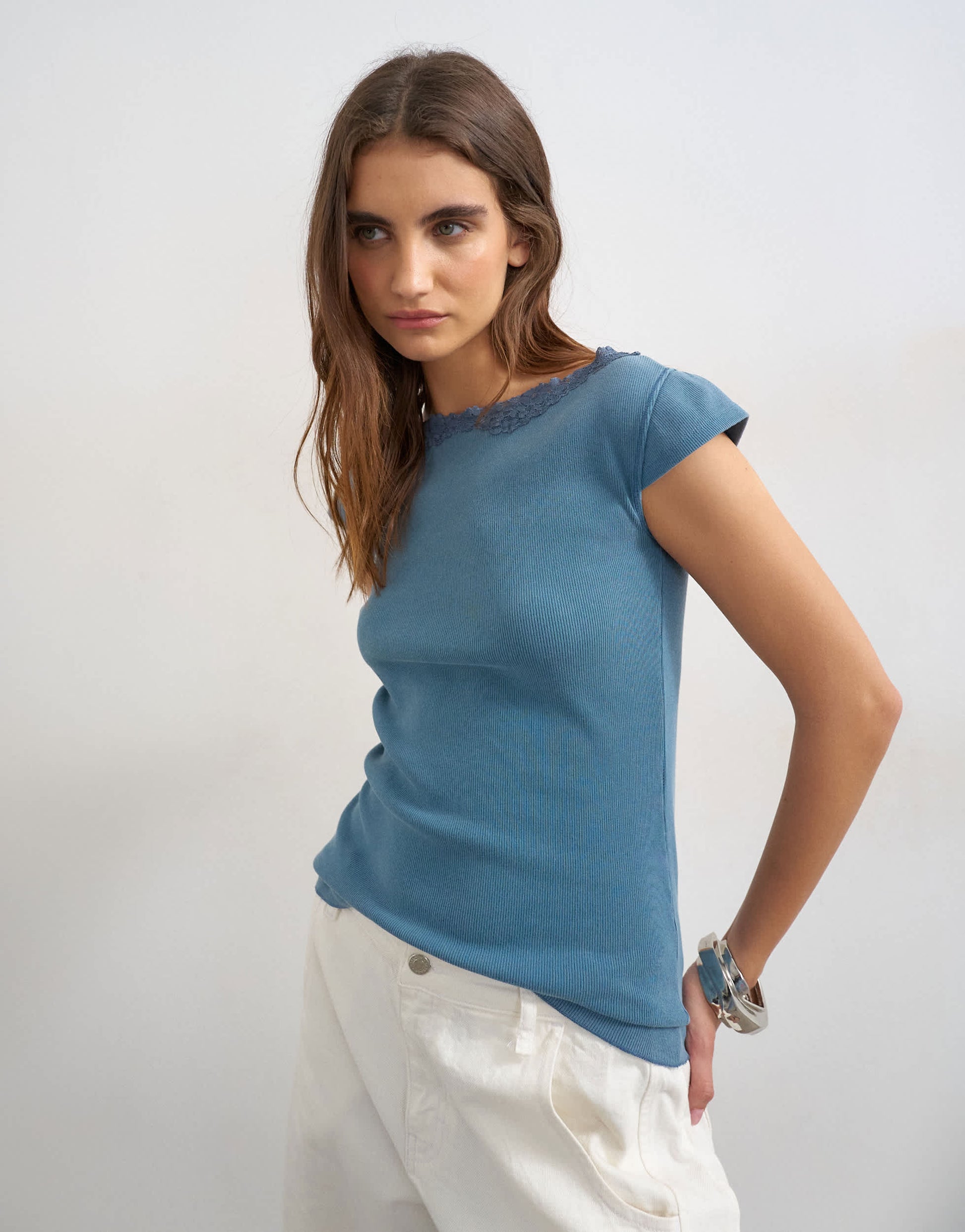 Topshop lace trim cap sleeve top in washed navy