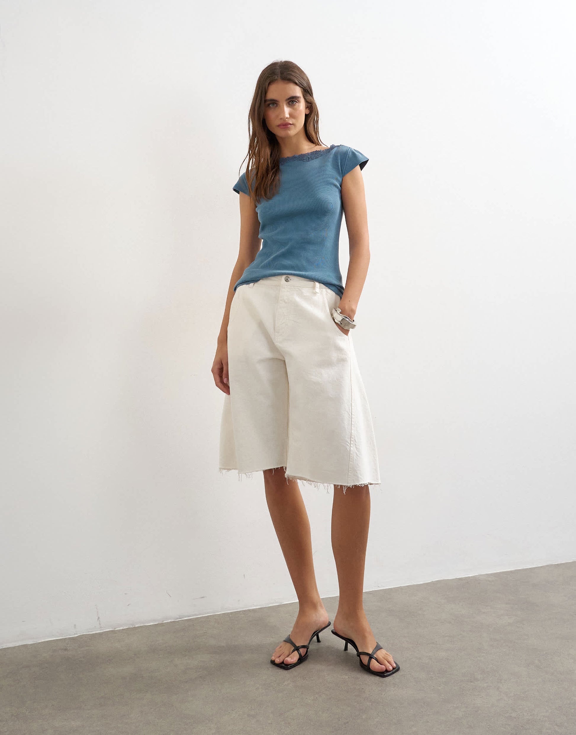 Topshop lace trim cap sleeve top in washed navy