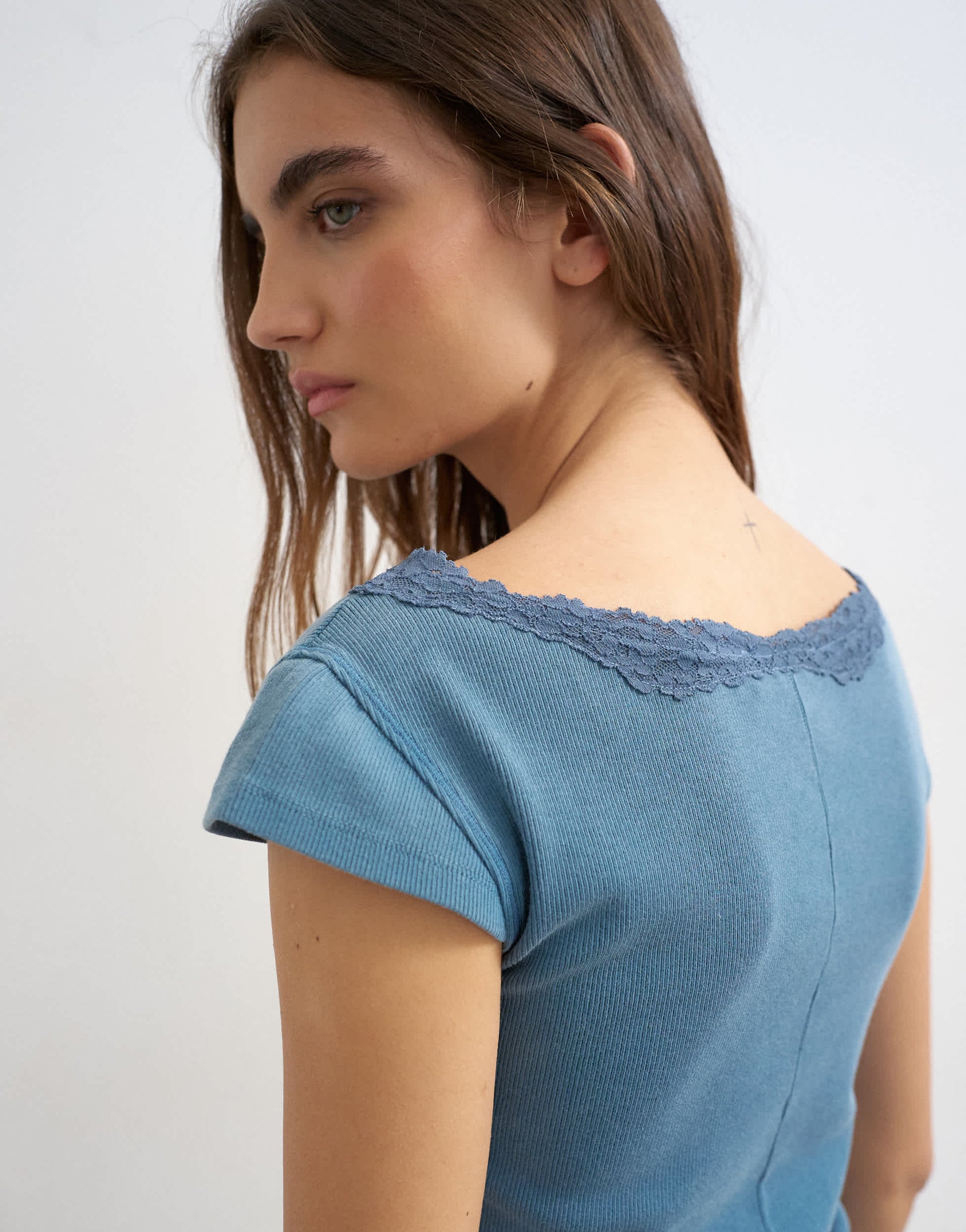 Topshop lace trim cap sleeve top in washed navy