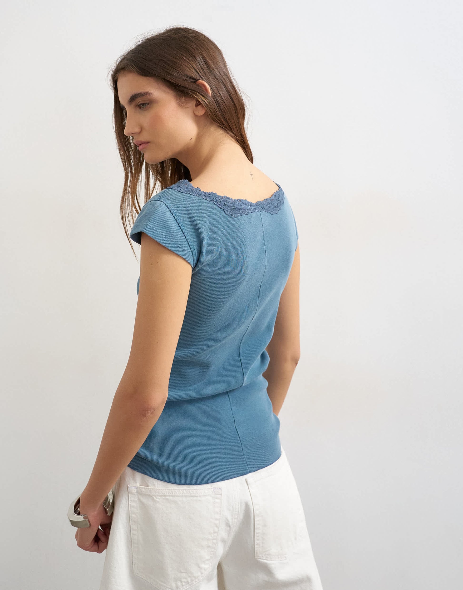 Topshop lace trim cap sleeve top in washed navy