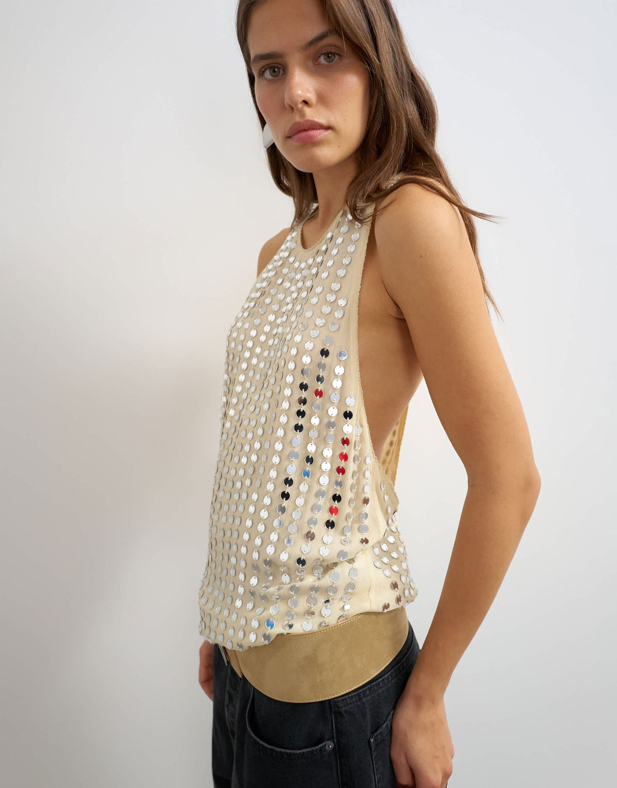 Topshop premium low scoop open back tank top with heavy silver embellishment in off white