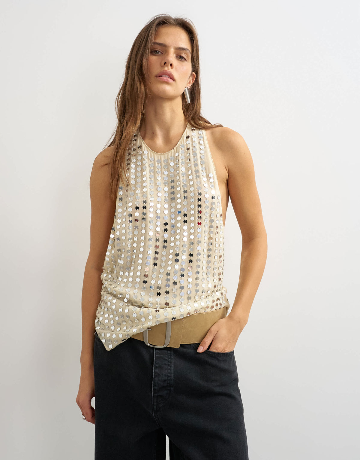 Topshop premium low scoop open back tank top with heavy silver embellishment in off white