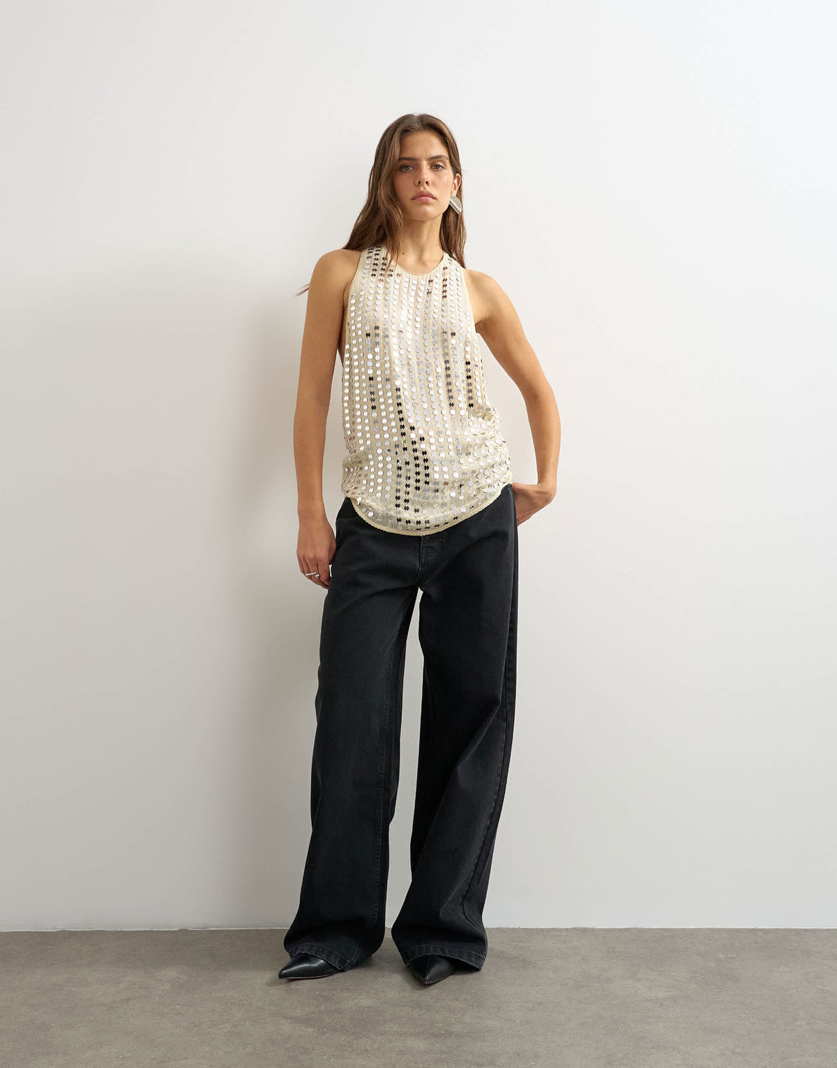 Topshop premium low scoop open back tank top with heavy silver embellishment in off white
