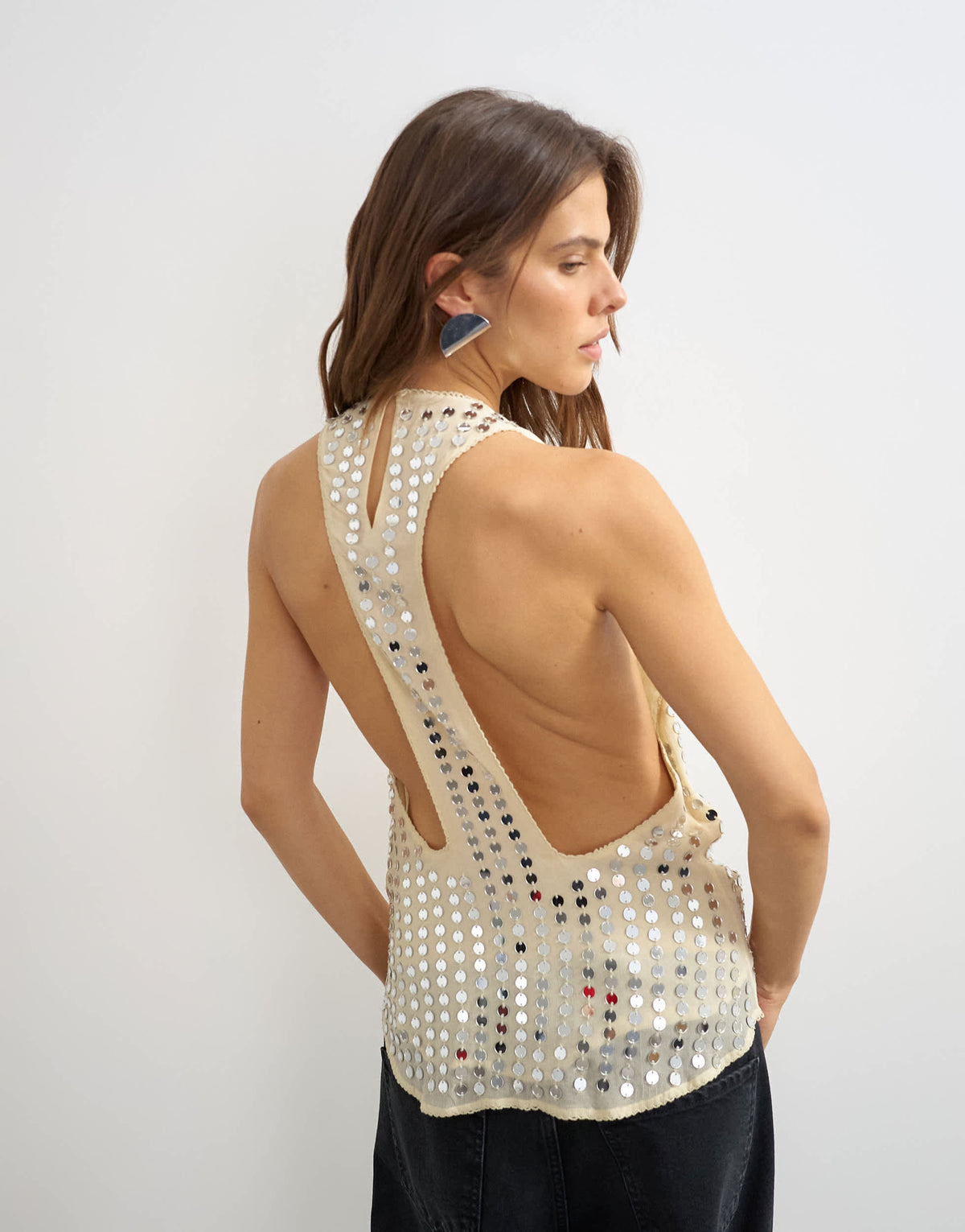 Topshop premium low scoop open back tank top with heavy silver embellishment in off white