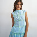 Topshop co-ord grown on neck pin tuck top in blue check