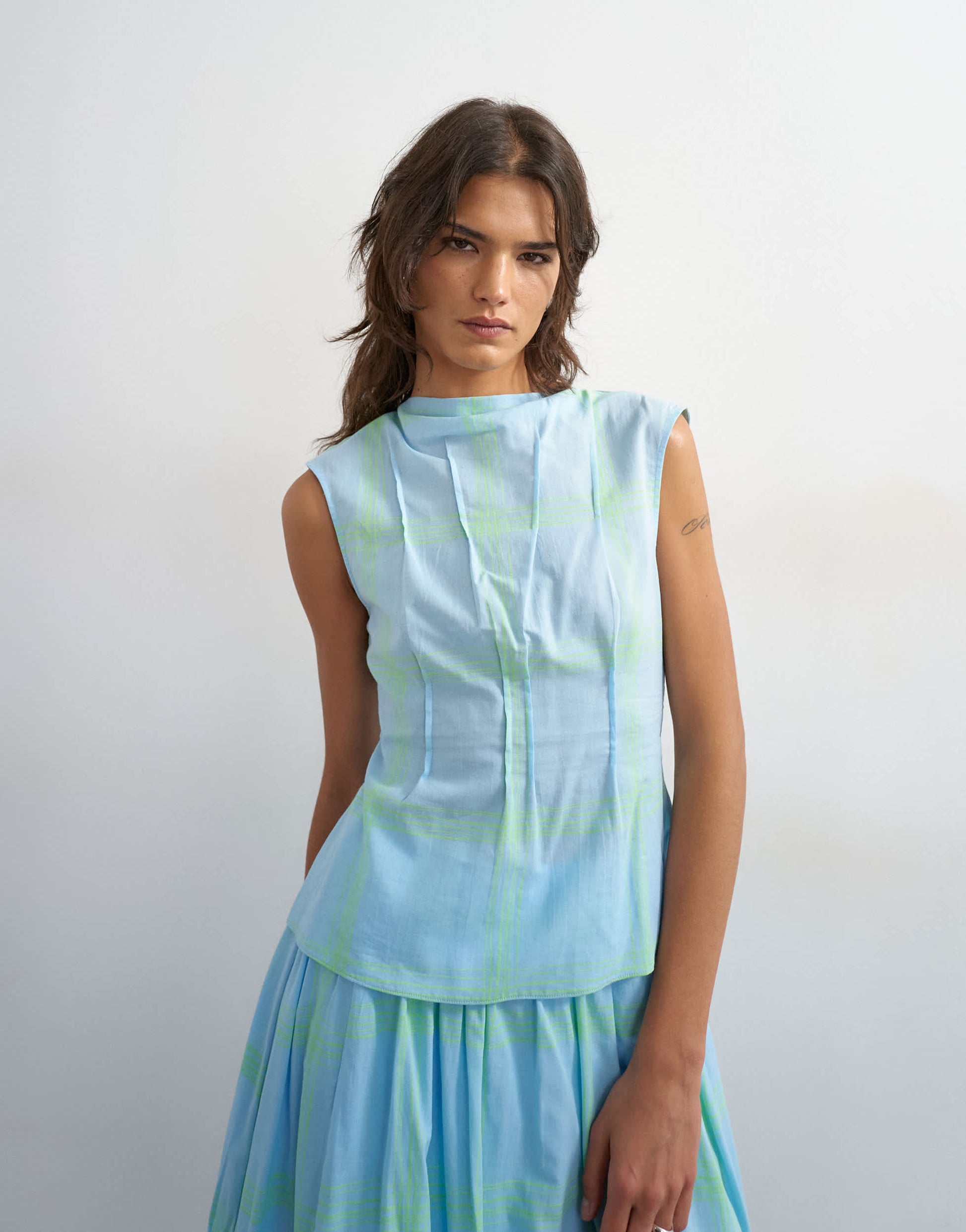 Topshop co-ord grown on neck pin tuck top in blue check