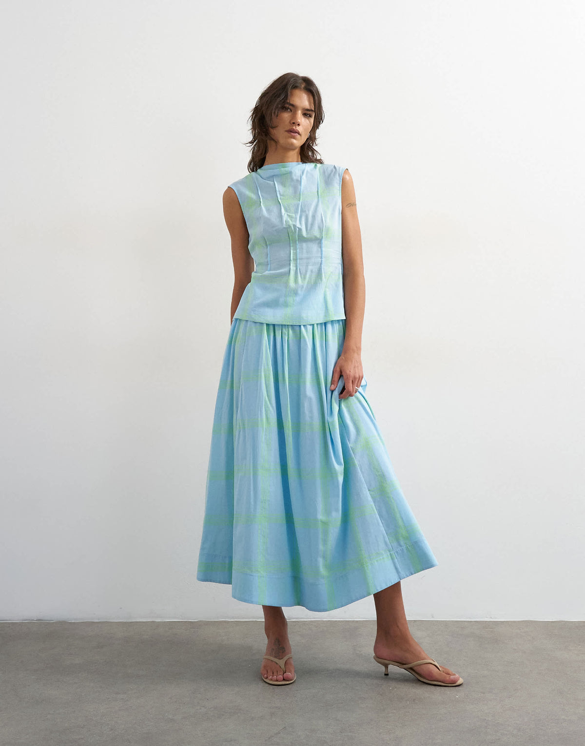 Topshop co-ord grown on neck pin tuck top in blue check