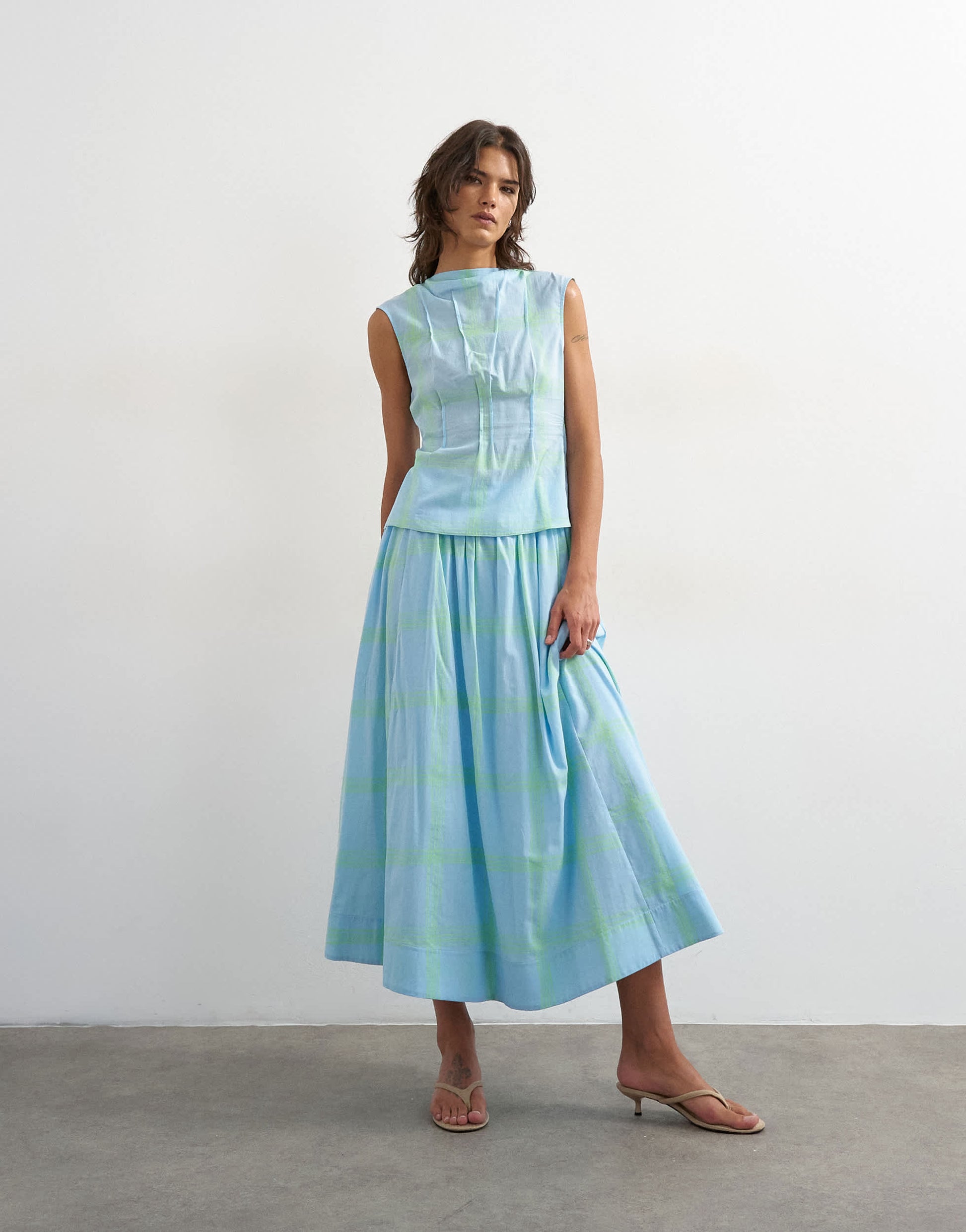 Topshop co-ord grown on neck pin tuck top in blue check