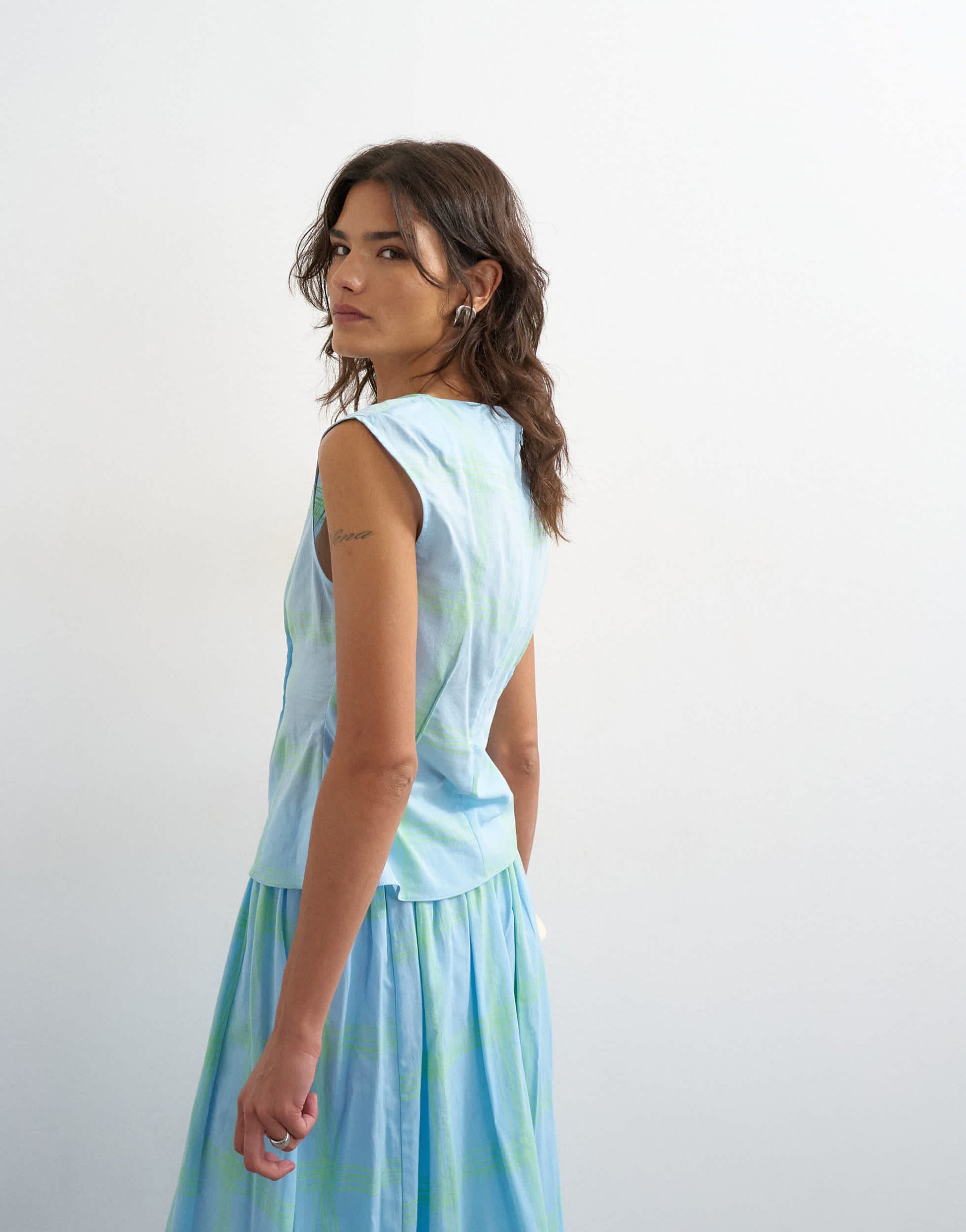 Topshop co-ord grown on neck pin tuck top in blue check