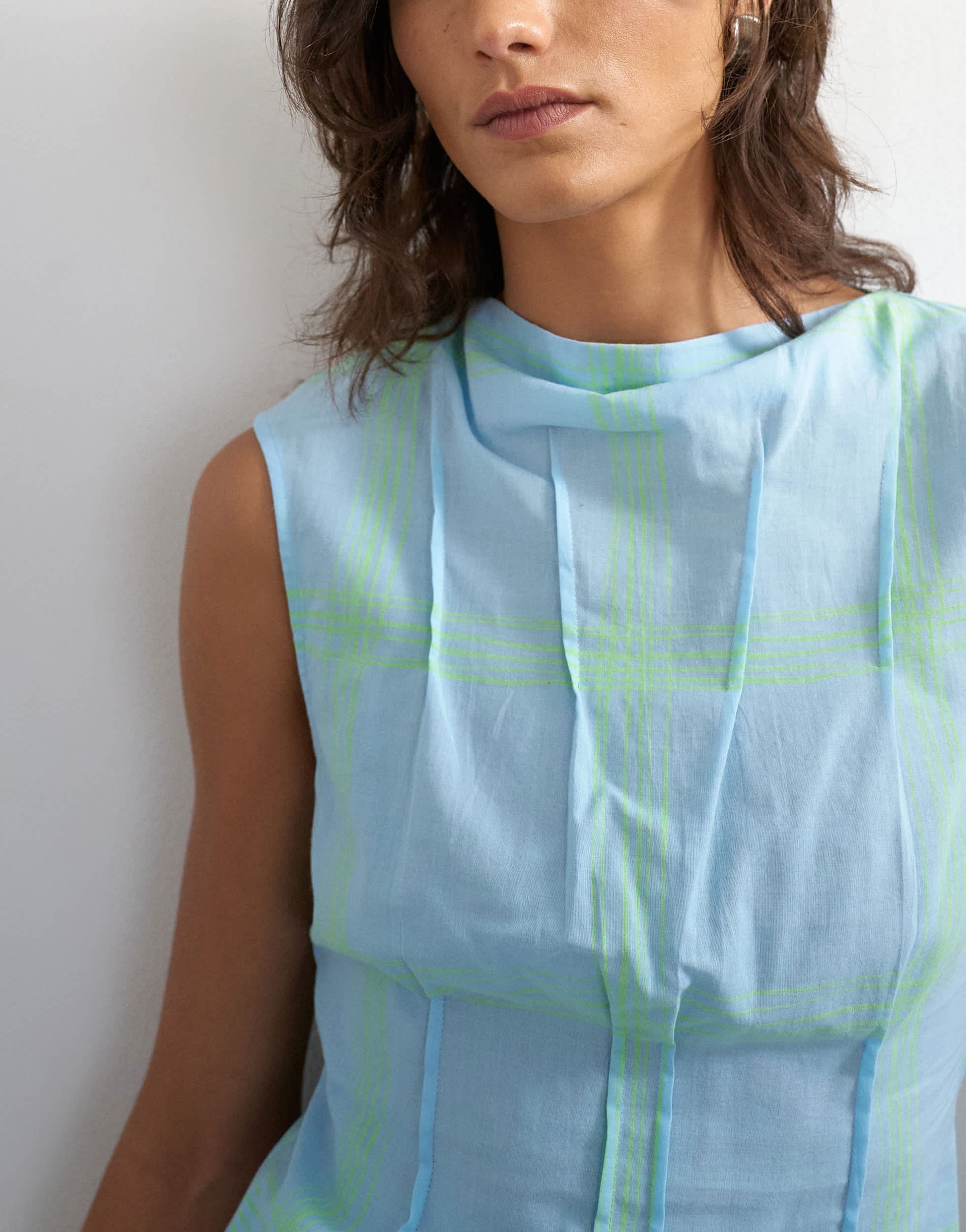 Topshop co-ord grown on neck pin tuck top in blue check