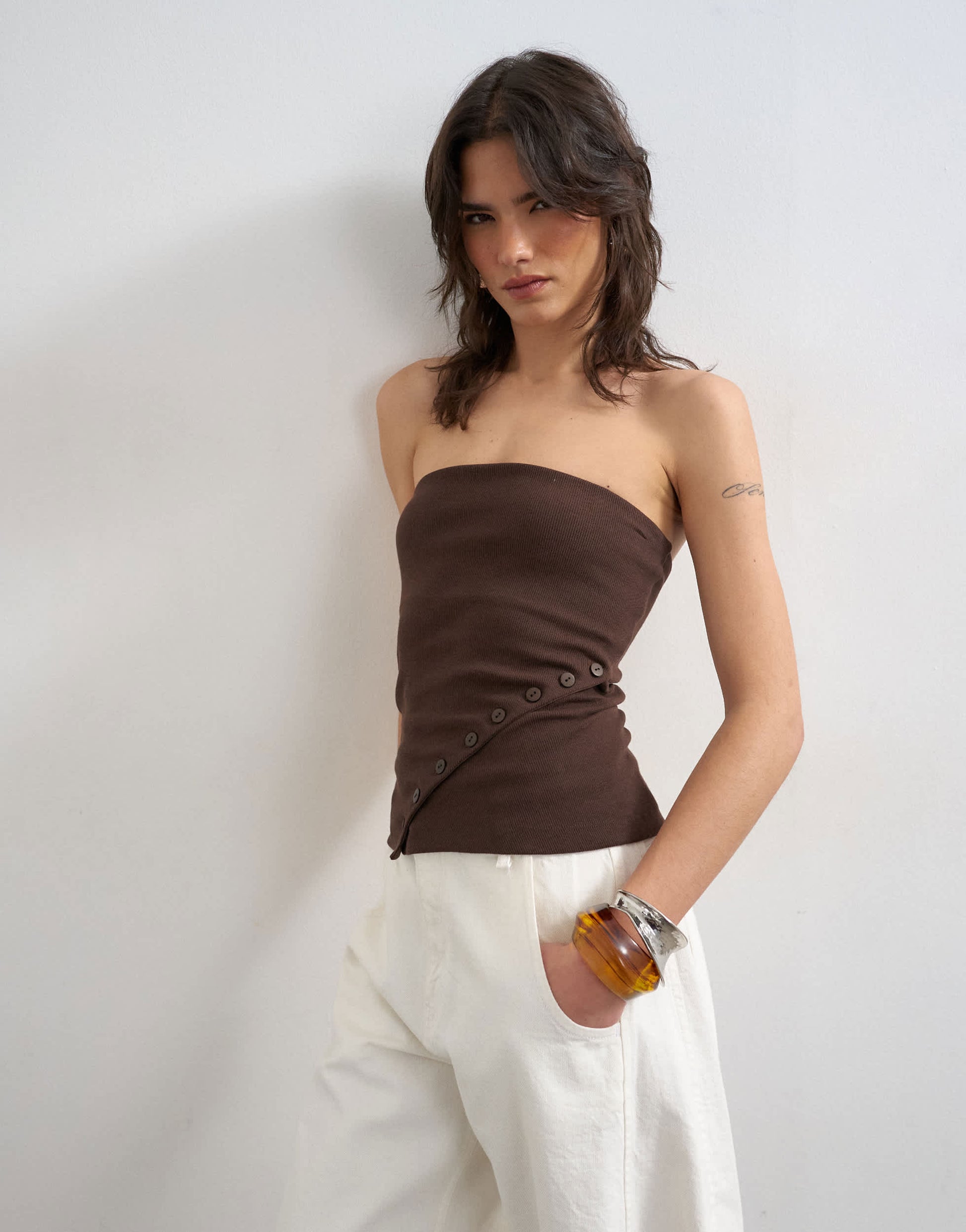 Topshop bandeau button detail top in dark chocolate