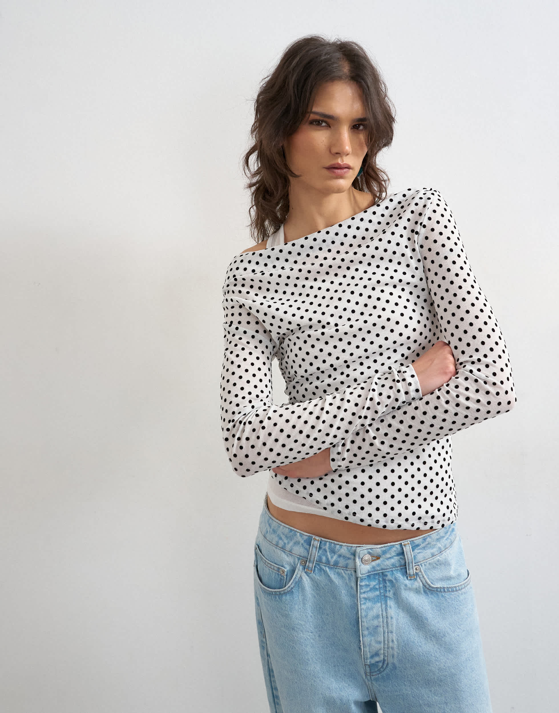 Topshop printed double layer long sleeve top in mono