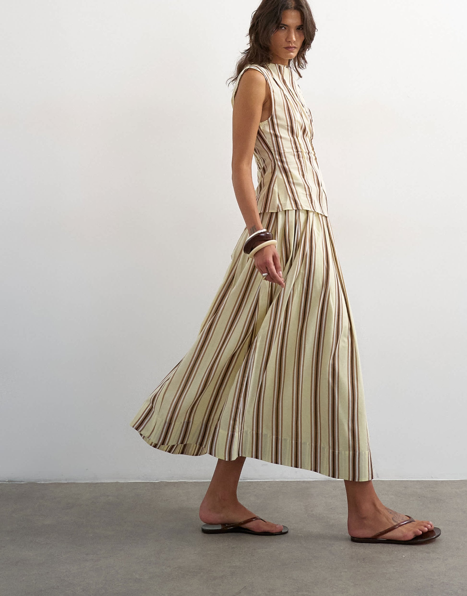 Topshop co-ord dropped waist deep v maxi skirt in buttermilk stripe
