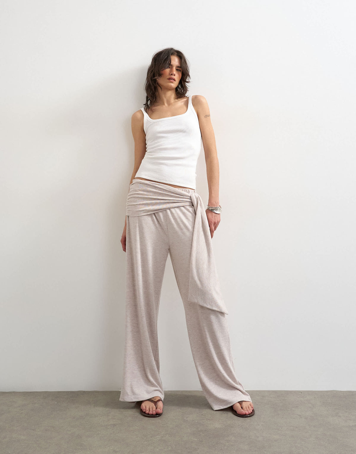 Topshop scarf tie detail soft trousers in oat