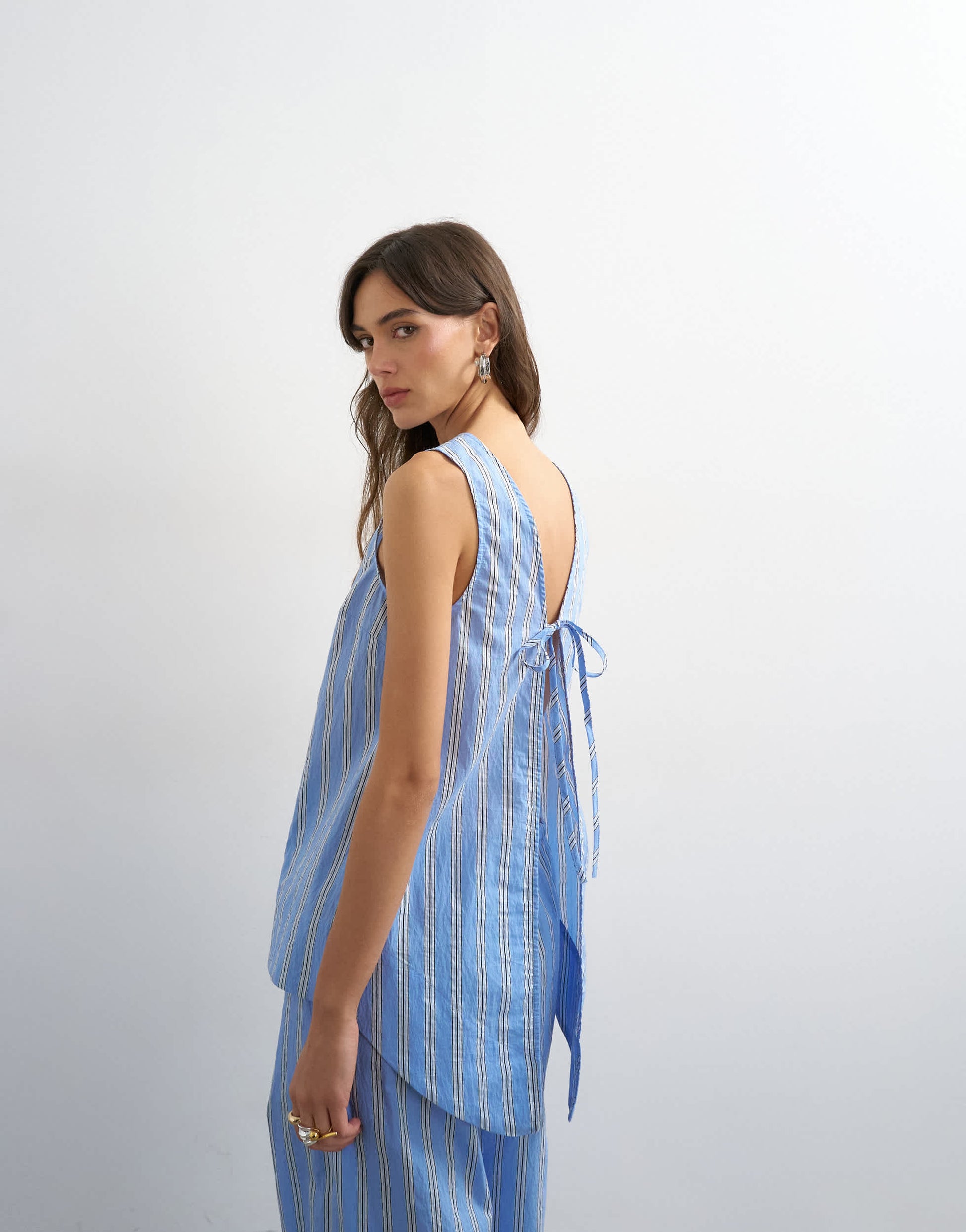Topshop co-ord sleeveless tie back detail top in blue stripe 