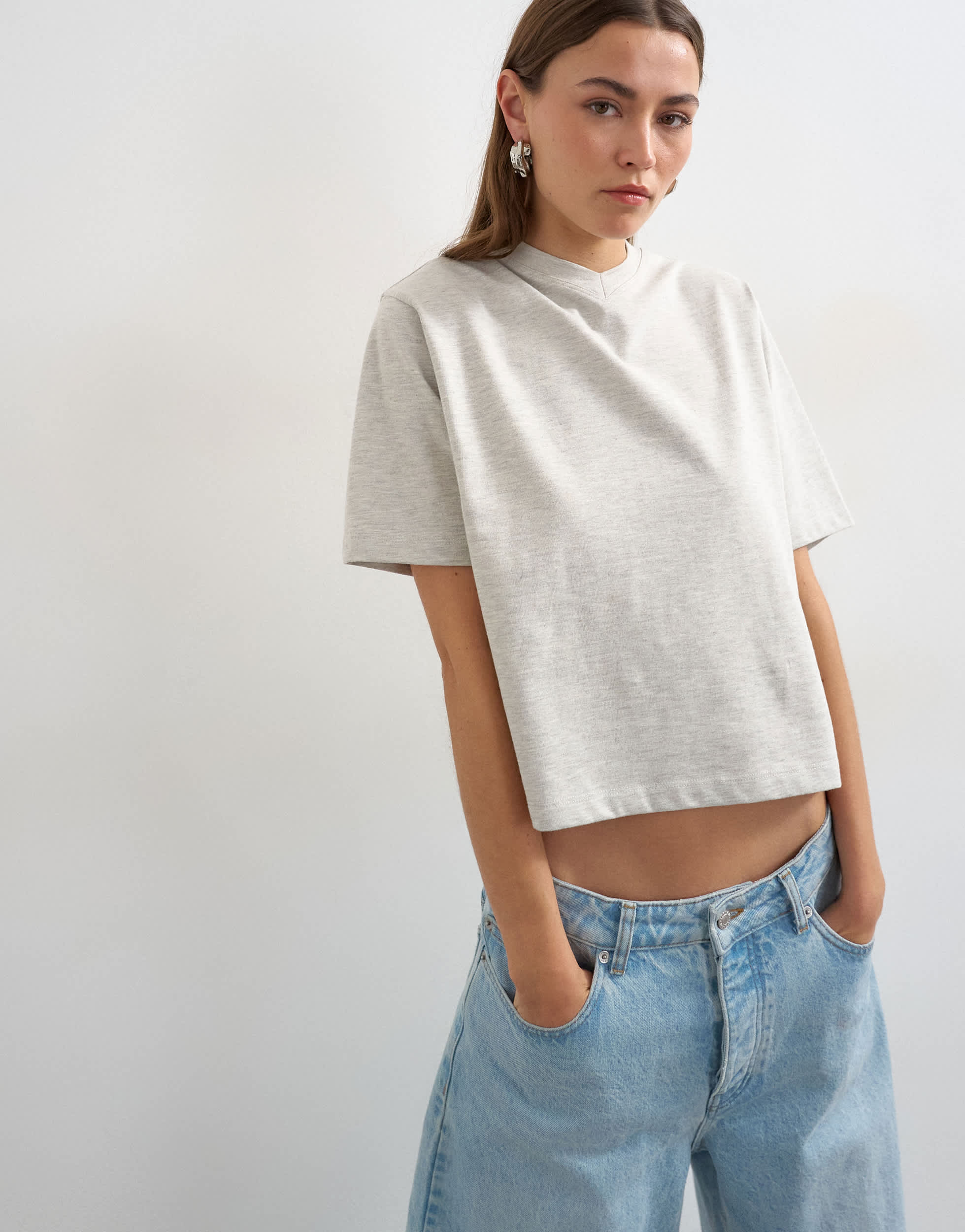 Topshop micro v-neck tee in grey marl