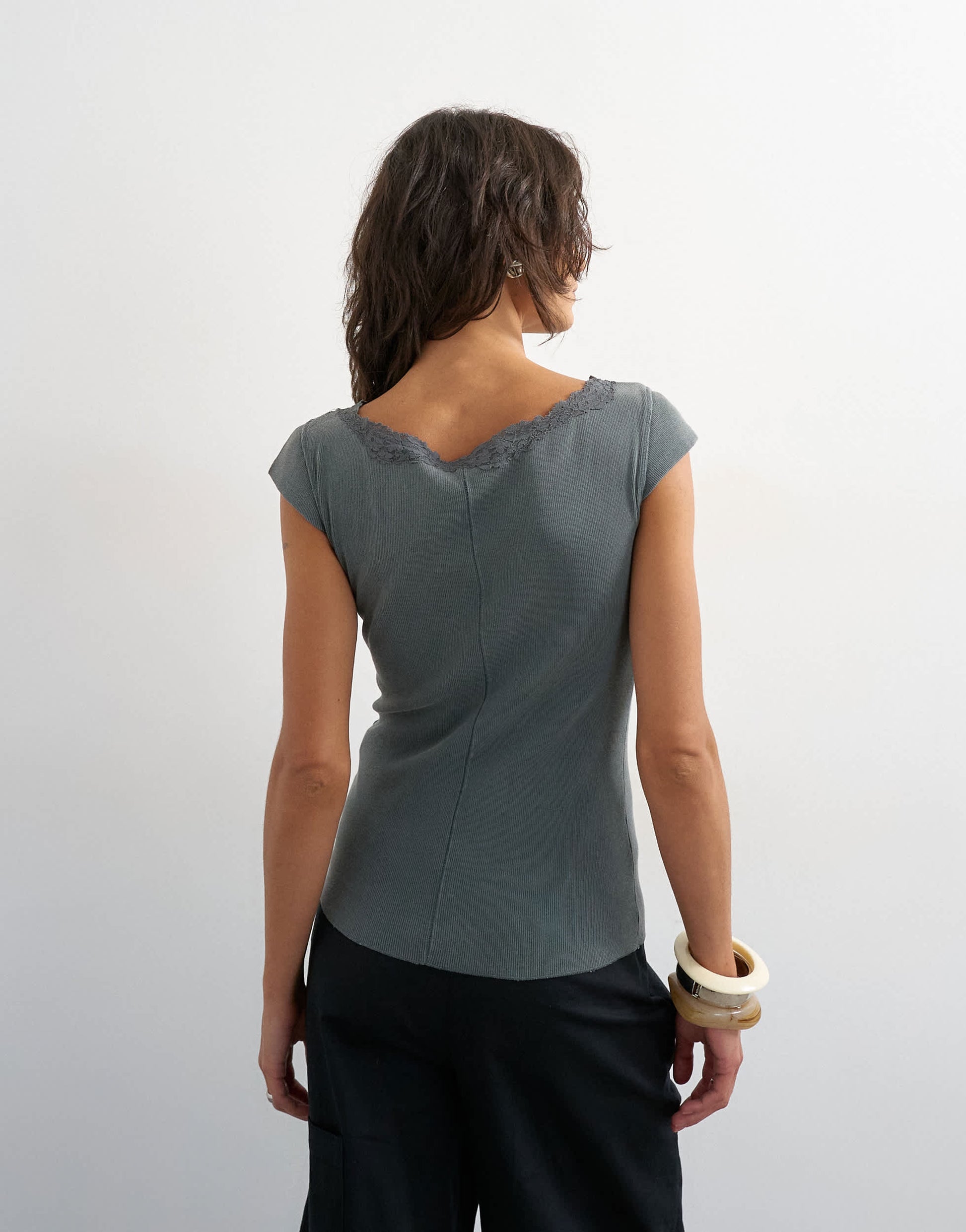 Topshop lace trim cap sleeve top in washed black